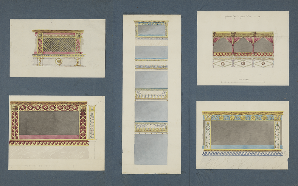 Montage de cinq projets de loges pour le Grand-Théâtre de Lyon : dessins couleur de Chenavard (1826-1831, cote : 17FI/134)