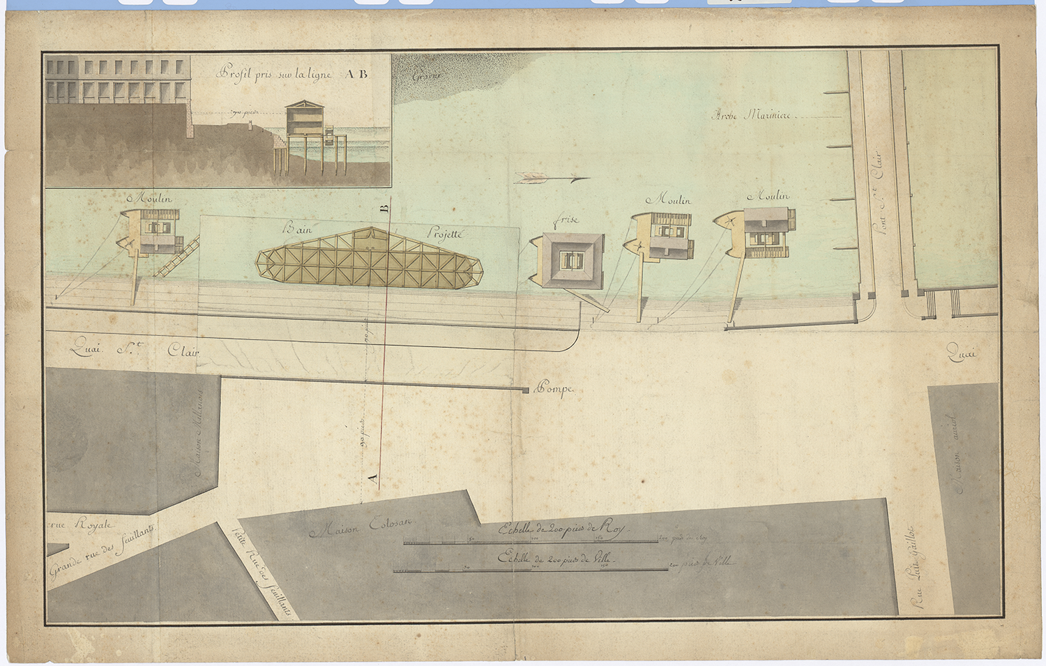 Bains du sieur Gence et moulins quai Saint-Clair : plan manuscrit en couleur (vers 1789, cote : 2S/259)