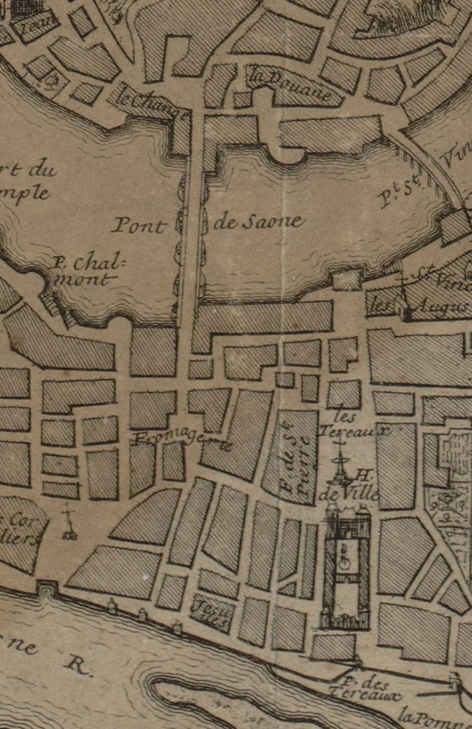 Quartiers des premiers théâtres en 1700 : estampe de Nicolas de Fer extr. de son plan de Lyon (1700, cote : 3S/111, détail)