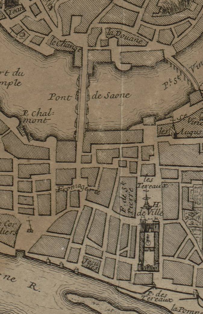 Quartiers des premiers théâtres en 1700 : estampe de Nicolas de Fer extr. de son plan de Lyon (1700, cote : 3S/111, détail)