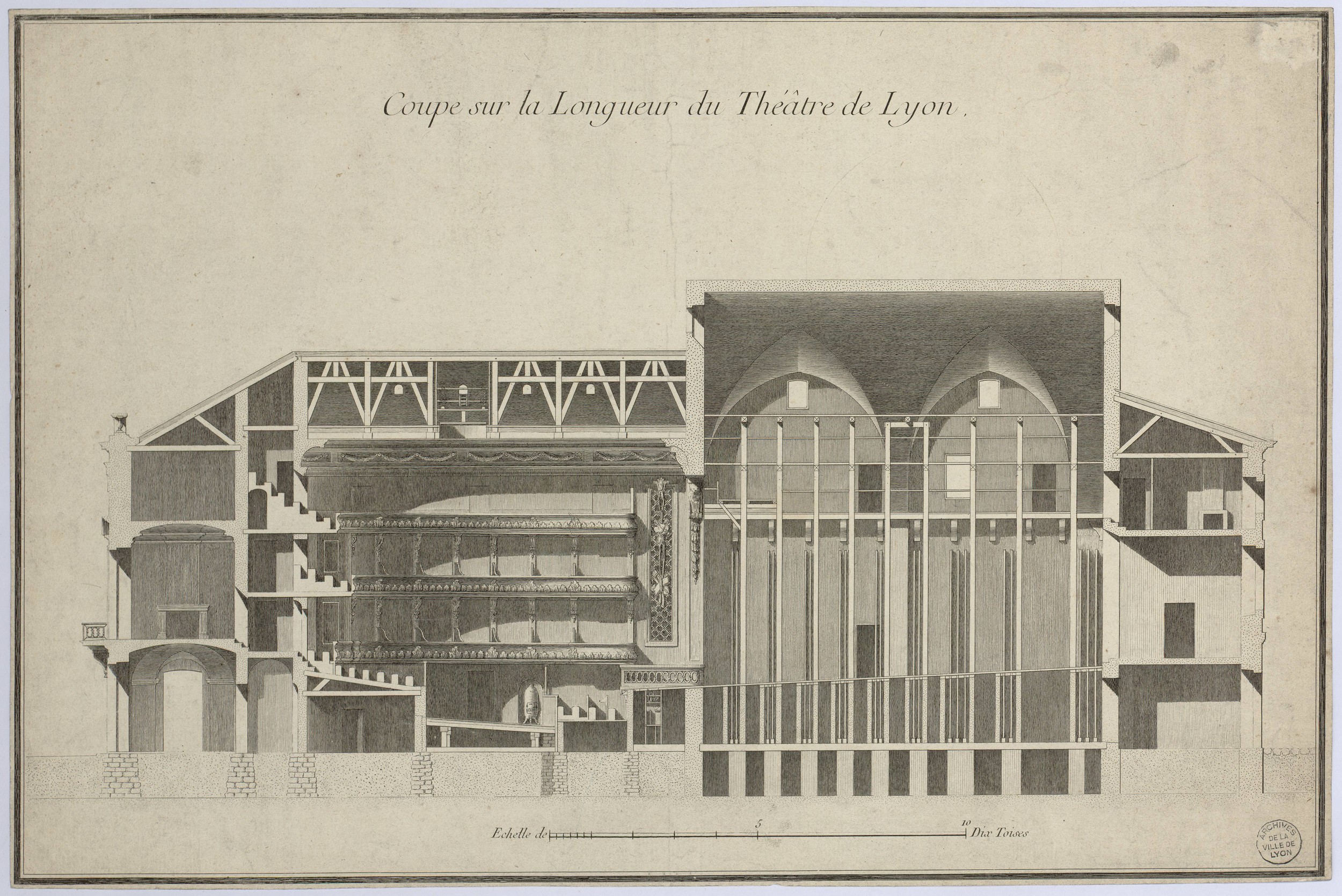 Théâtre de Lyon, coupe sur la longueur : estampe par Soufflot (1754, cote : 3S/191/3)