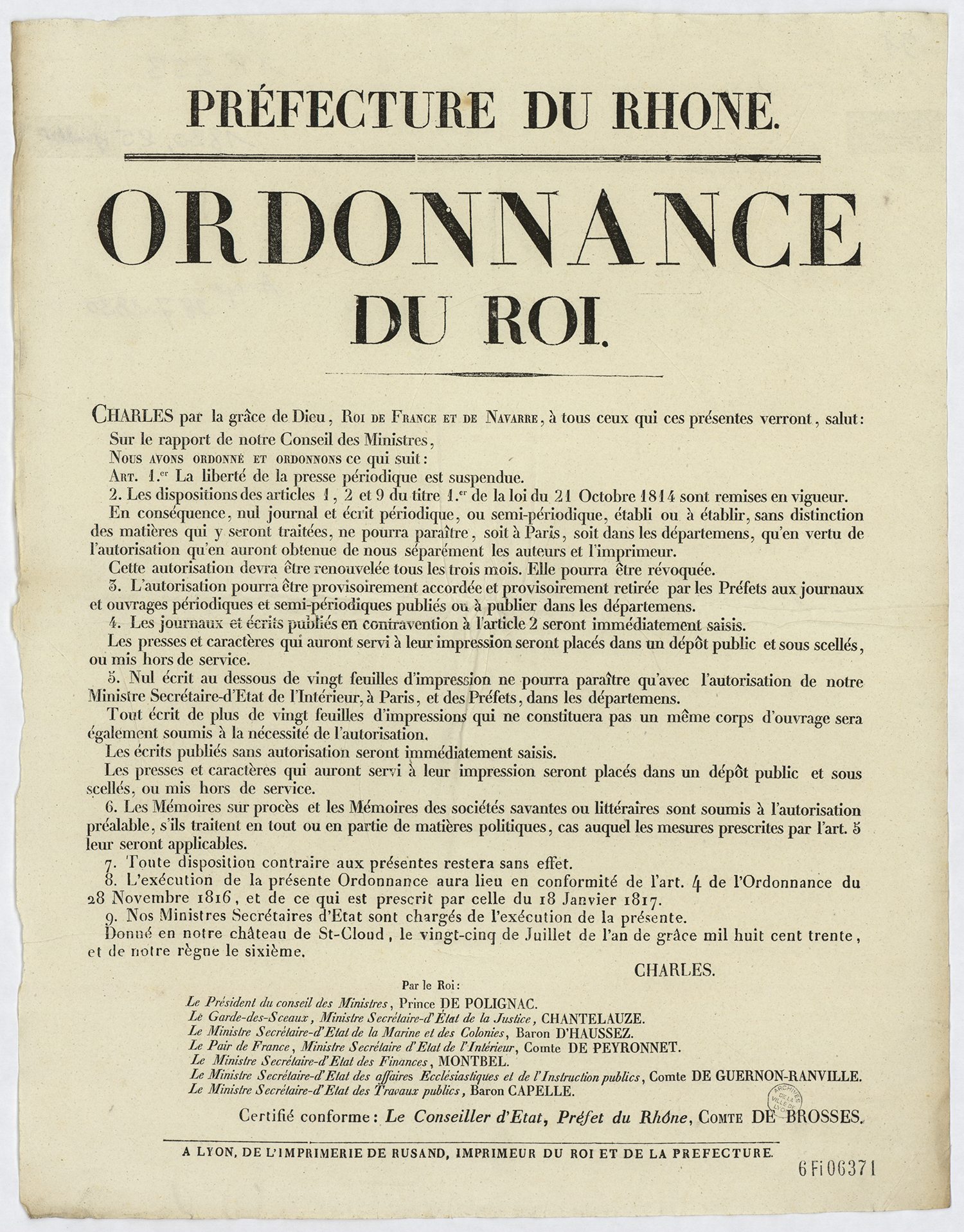 Ordonnance royale sur la suspension de la liberté de la presse 25 juillet 1830 Affiche typographique - 6FI/6371