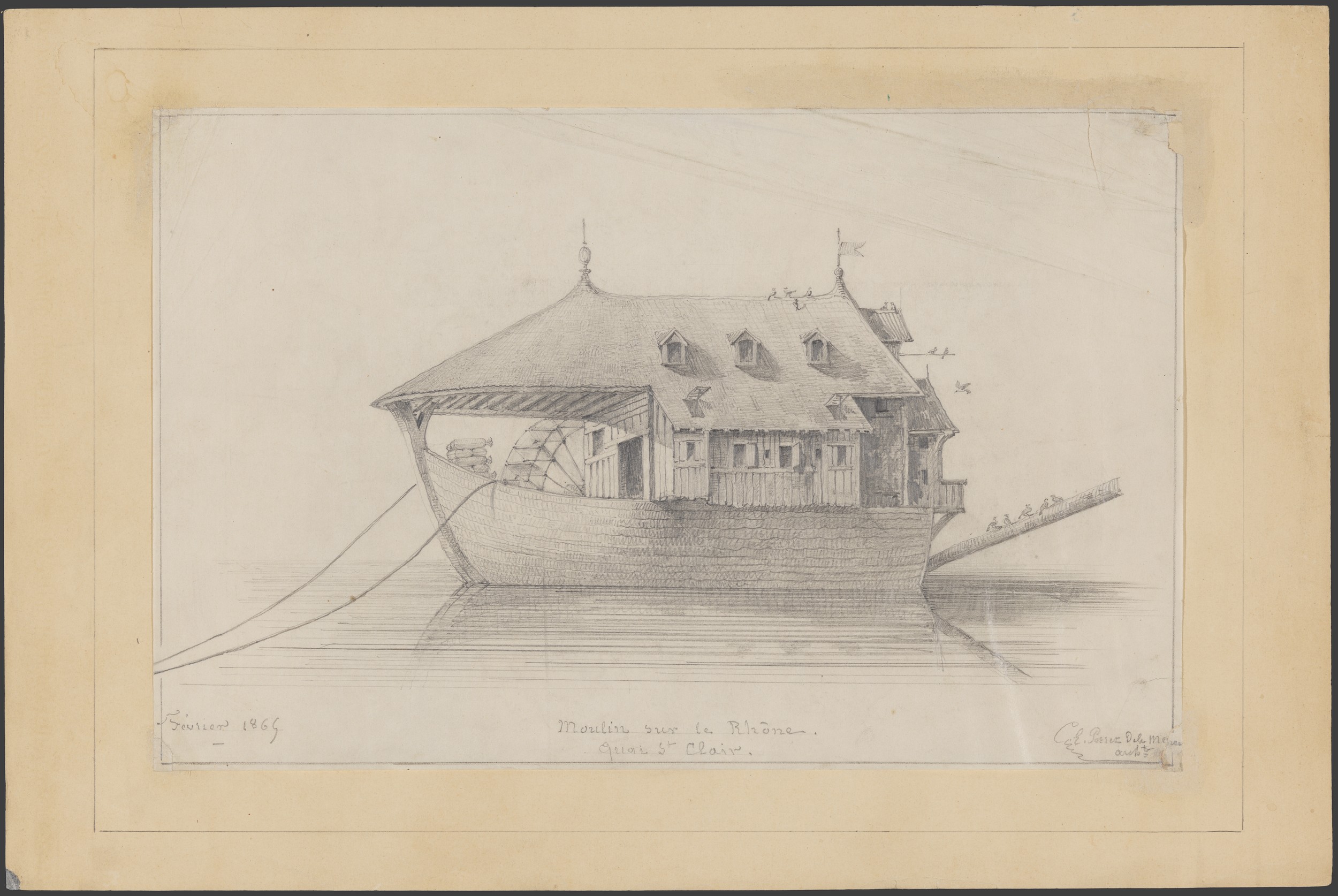 Moulin sur le Rhône quai Saint-Clair : dessin NB au crayon (1865, cote : 17FI/136)