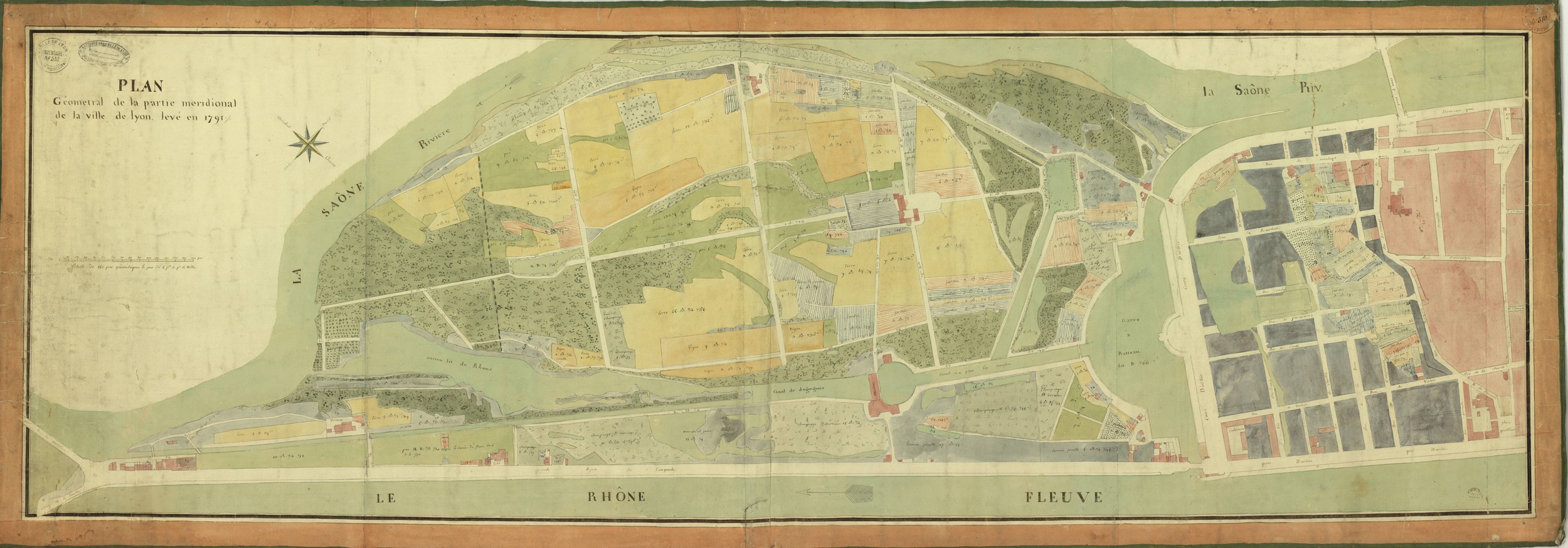 Plan géométral de la partie méridionale de la Ville de Lyon levé en 1791 : plan manuscrit en couleur (1791, cote : 1S/25)