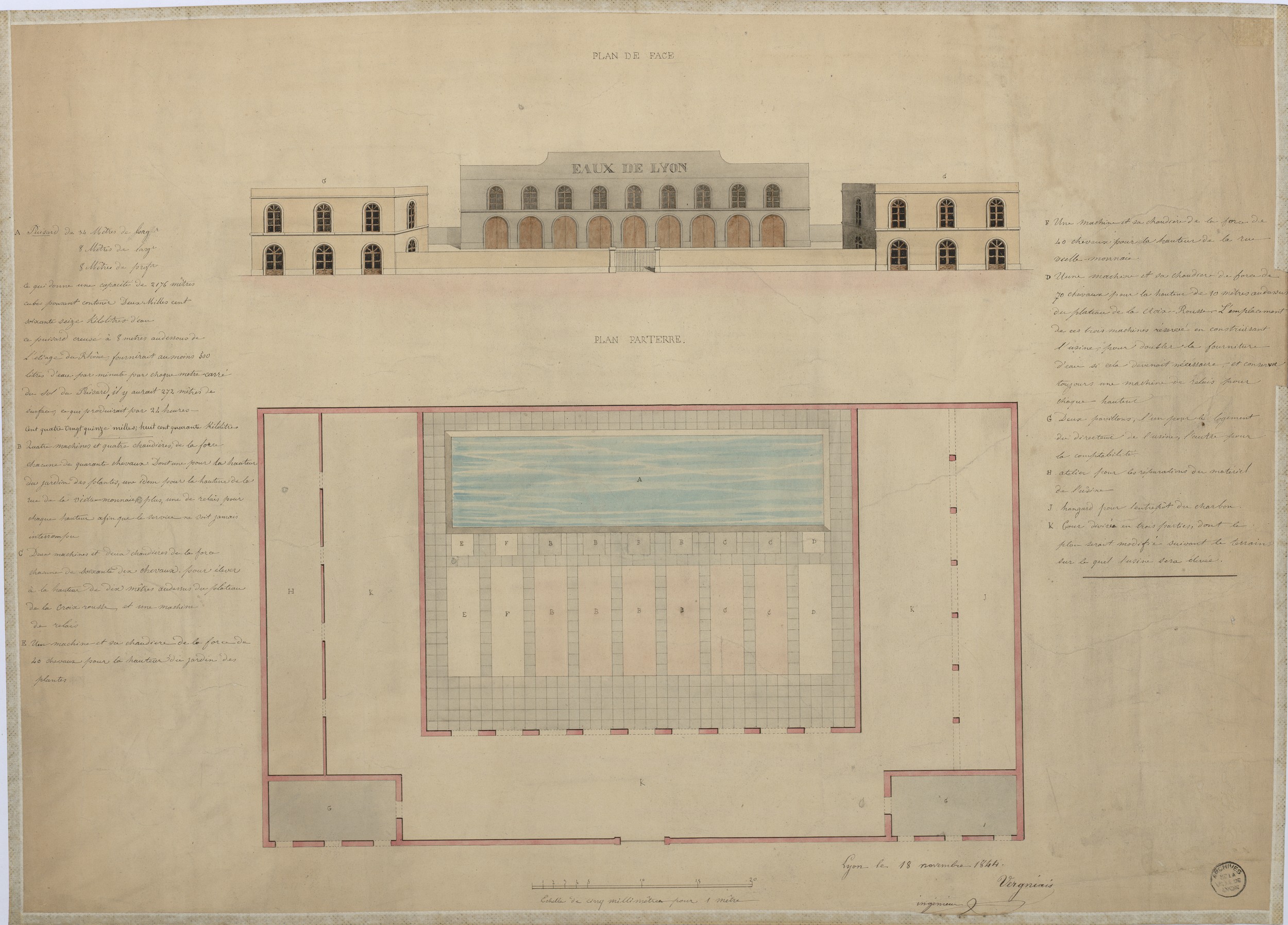 Projet d'une usine des eaux publiques à Lyon, plan et élévation : dessin plume et lavis couleur par Vergniais (1844, cote : 3S/253)