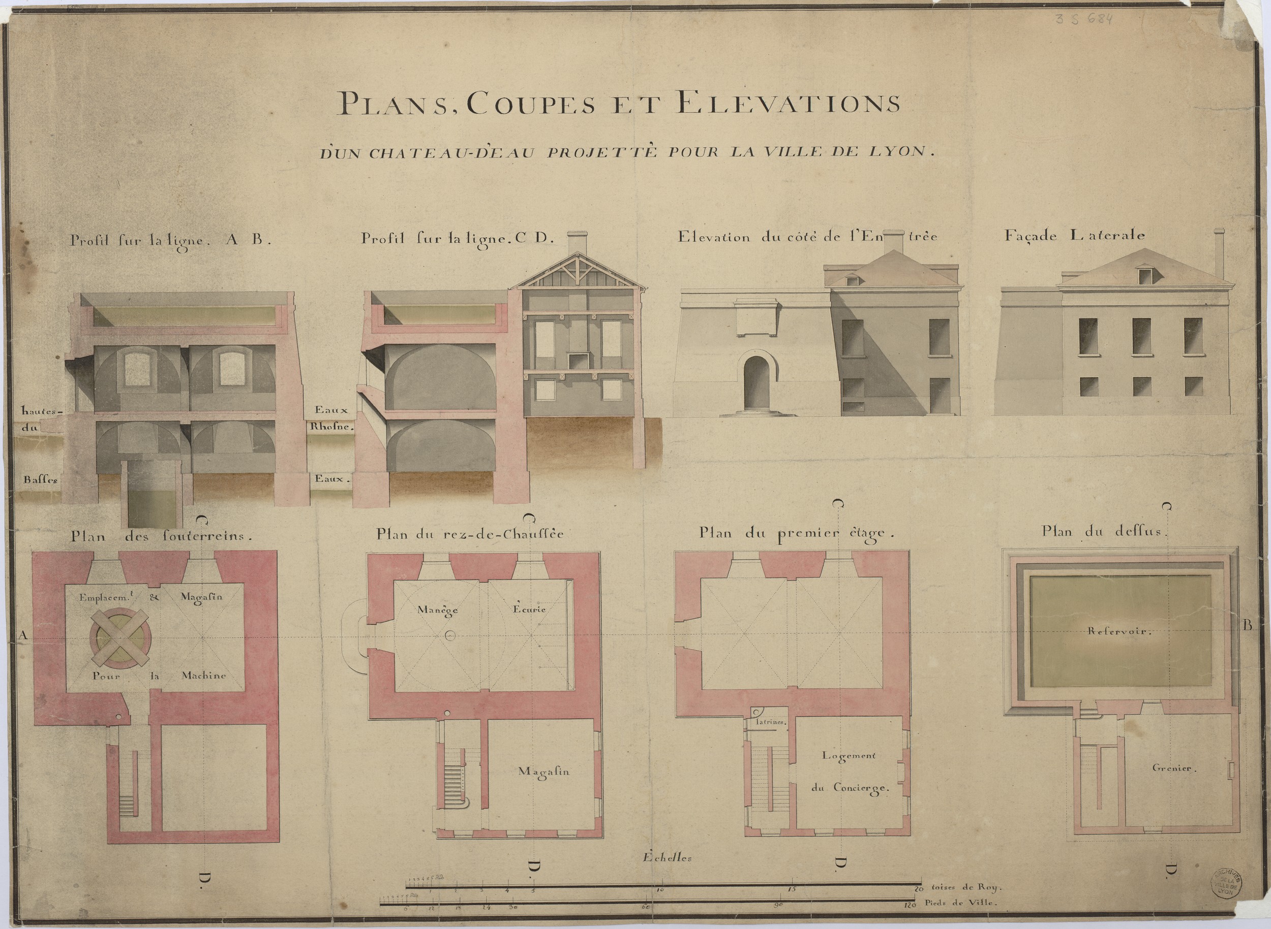 Plans, coupes et élévations d'un château d'eau projeté pour la Ville de Lyon : dessin couleur (vers 1770, cote : 3S/684)