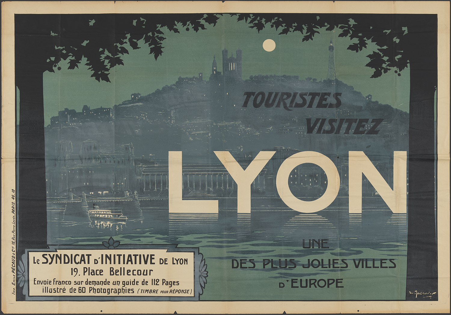 Affiche du syndicat d'initiative de Lyon "Touristes, visitez Lyon" vers 1920