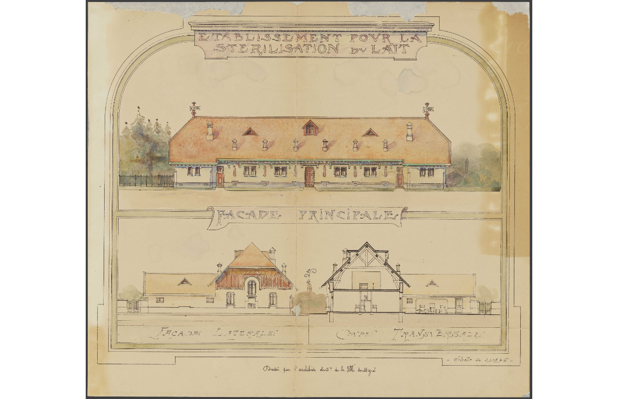 Etablissement pour la stérilisation du lait (vacherie municipale), façade, élévation et coupe d'un projet non retenu de Duret : encre noire rehaussée à l'aquarelle (1904, cote : 1140WP/100)