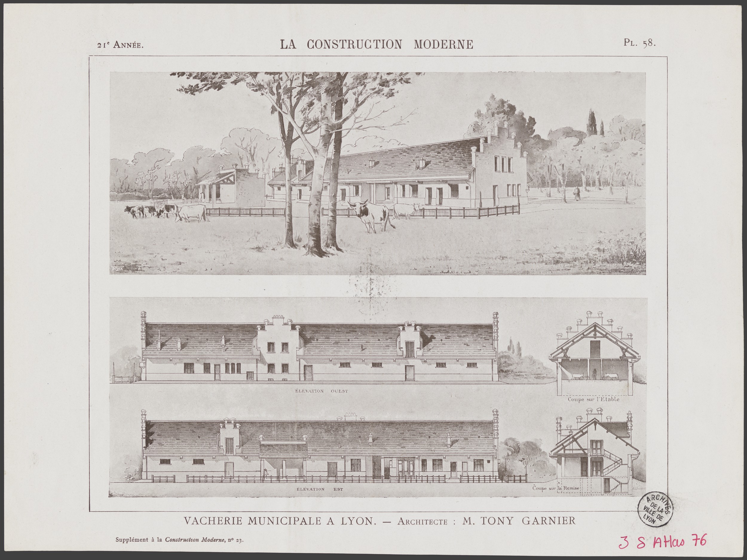 Vacherie municipale, extr. La construction lyonnaise, 1906, n°11, p. 125 : élévations et coupe (1906, cote : 3SAT/76)