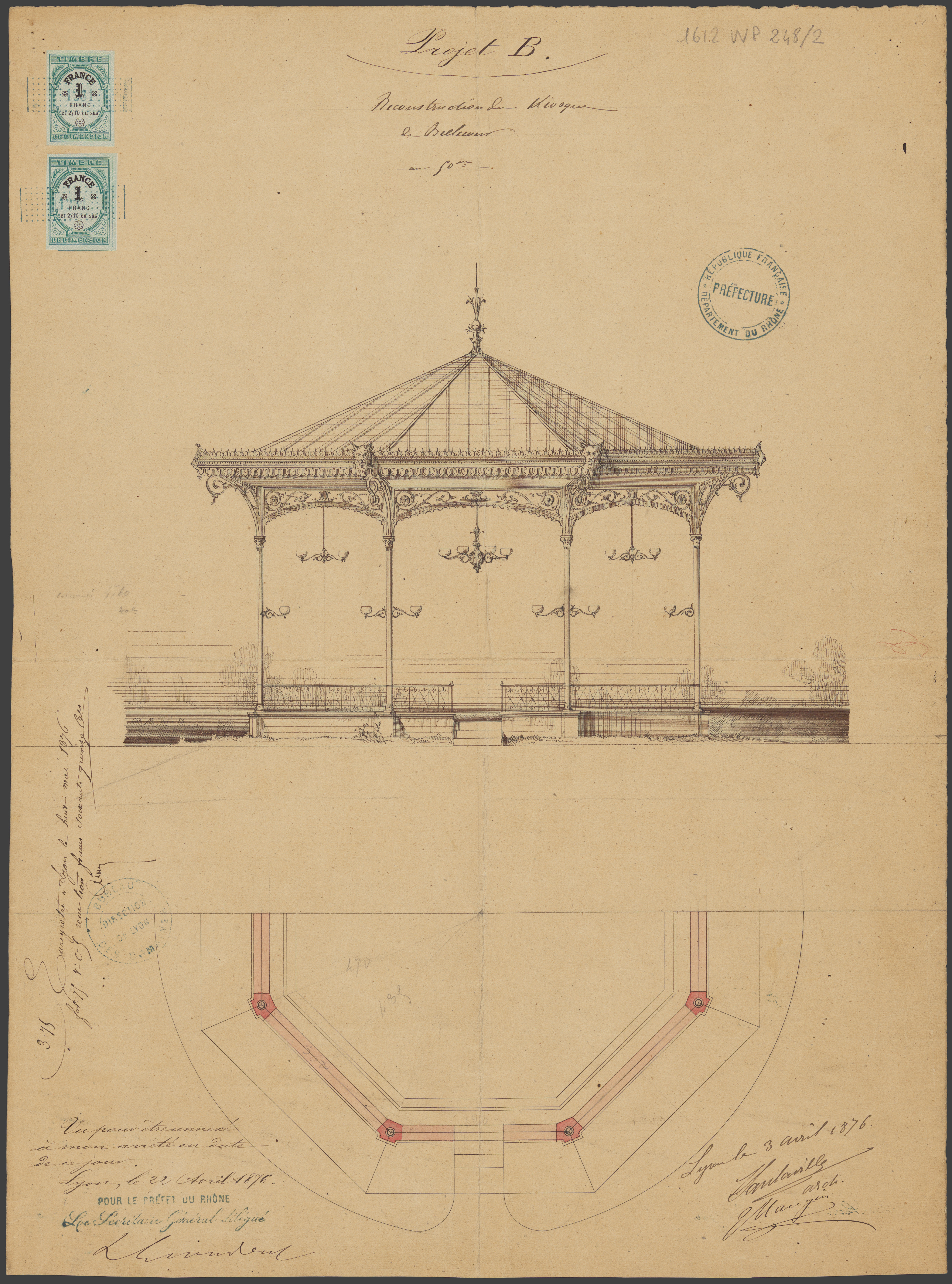 Reconstruction du kiosque de Bellecour pour les concerts dirigés par Mangin, projet B  : élévation et plan masse par Sanlaville (1876, cote : 1612WP/248)