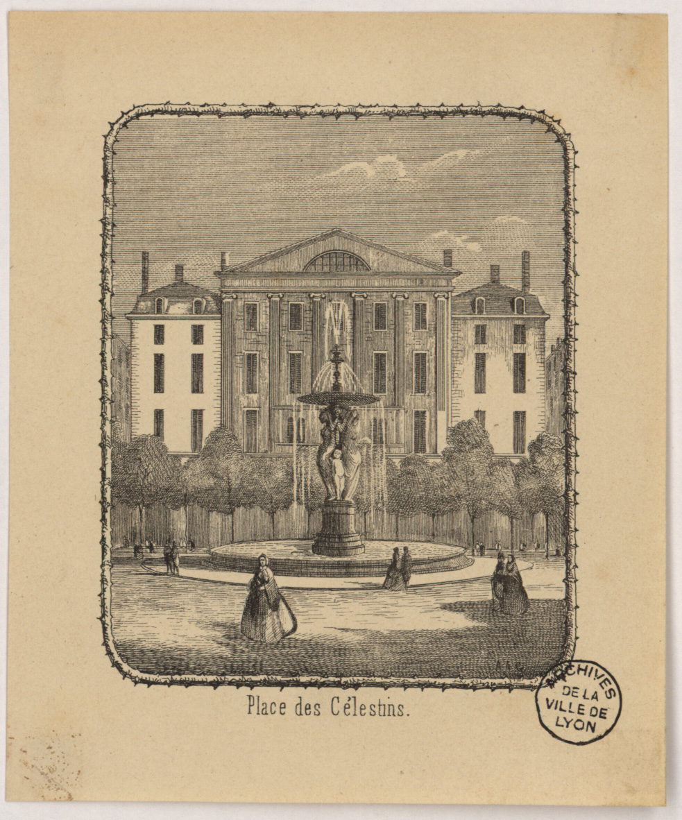 Place des Célestins avec en arrière-plan l'ancien théâtre : typogravure NB (sans date, avant 1874, cote : 16FI/286)