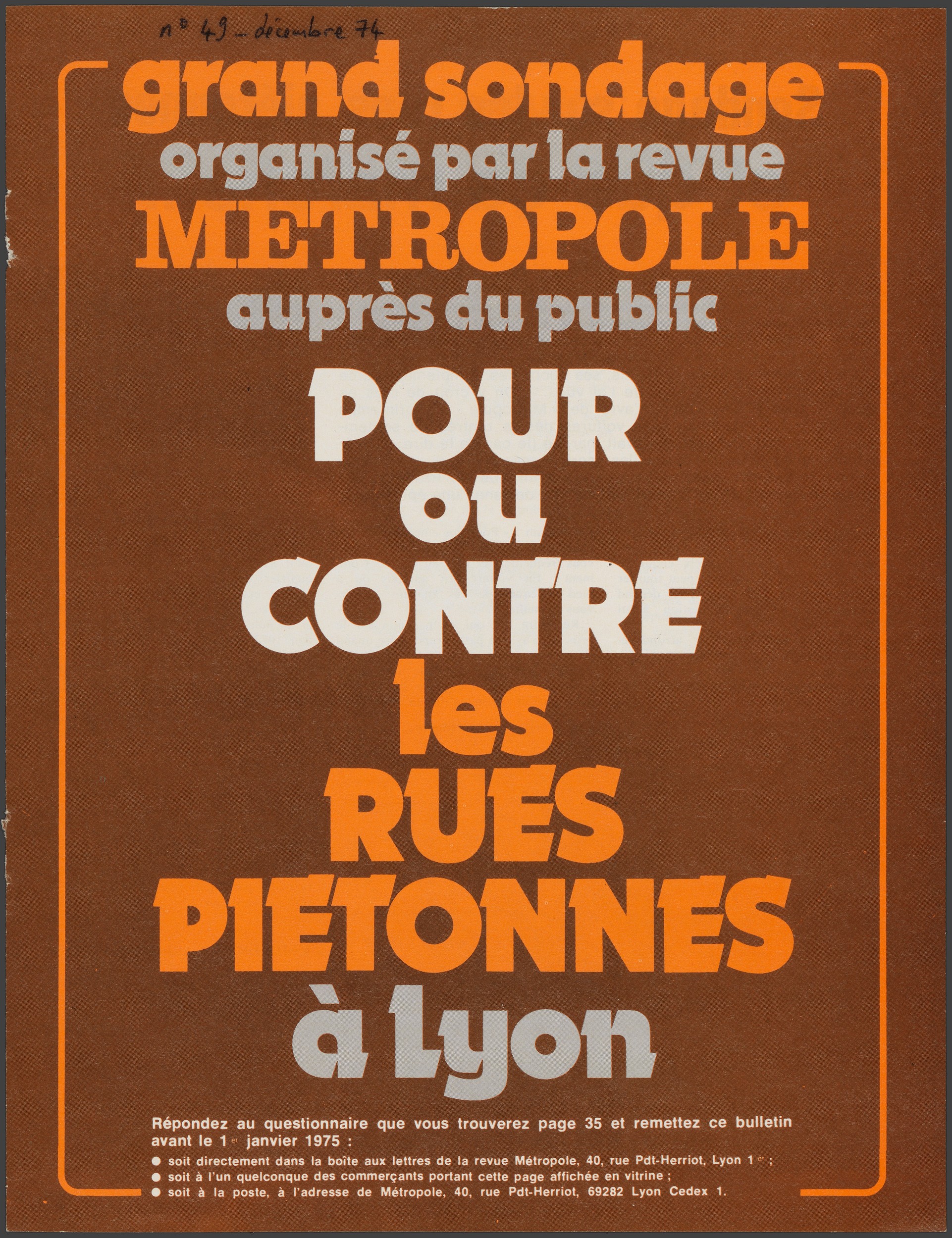 Pour ou contre les rues piétonnes à Lyon : extrait de Métropole n°49 (1974, cote : 1958W/85)