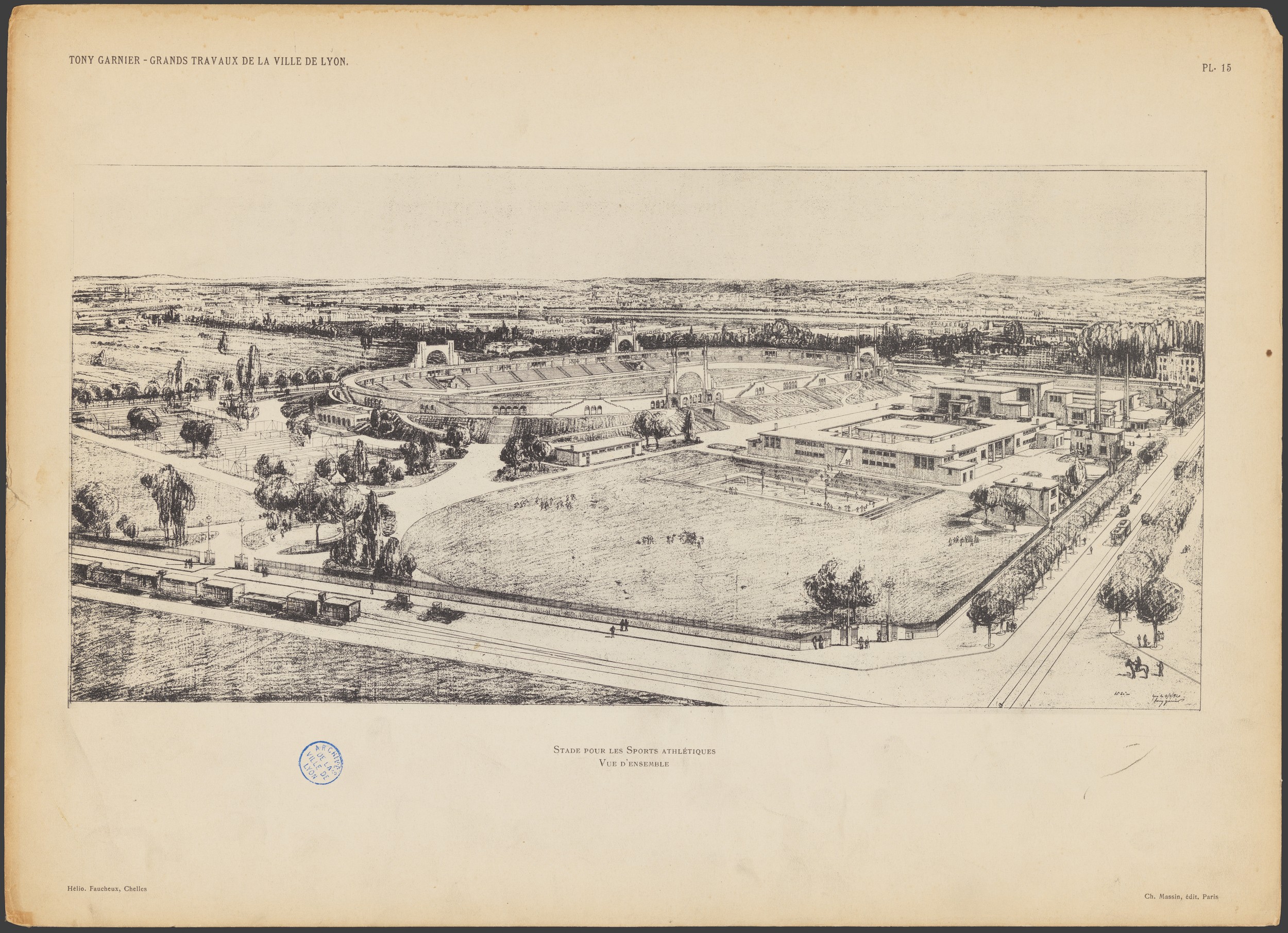 Les grands travaux de la Ville de Lyon par Tony Garnier, stade pour les sports athlétiques : vue d'ensemble (1920, cote : 1C/450461, pl. 15)