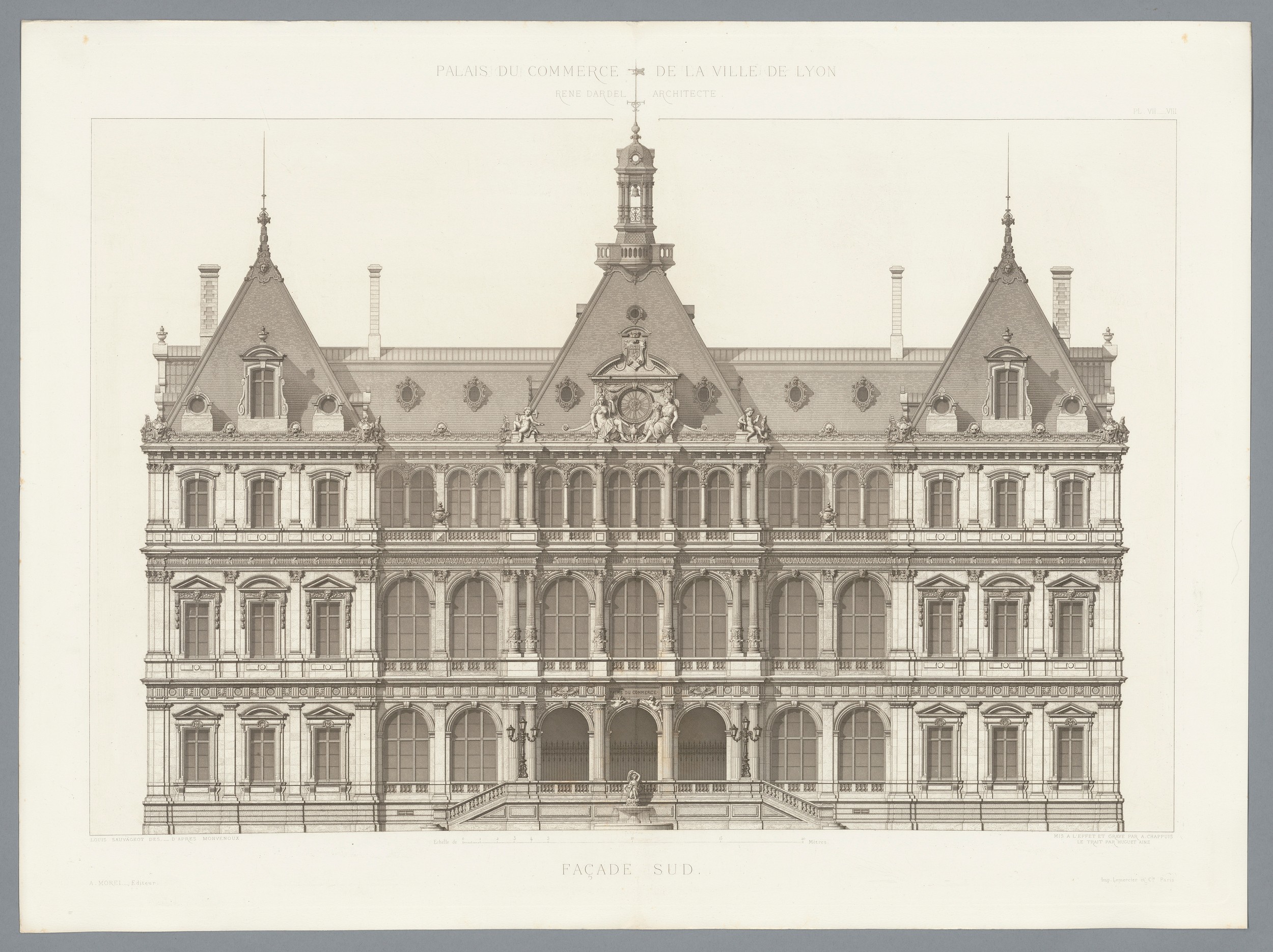 Monographie du Palais du commerce par René Dardel, façade principale sud : estampe NB (1868, cote : 3SAT/31)