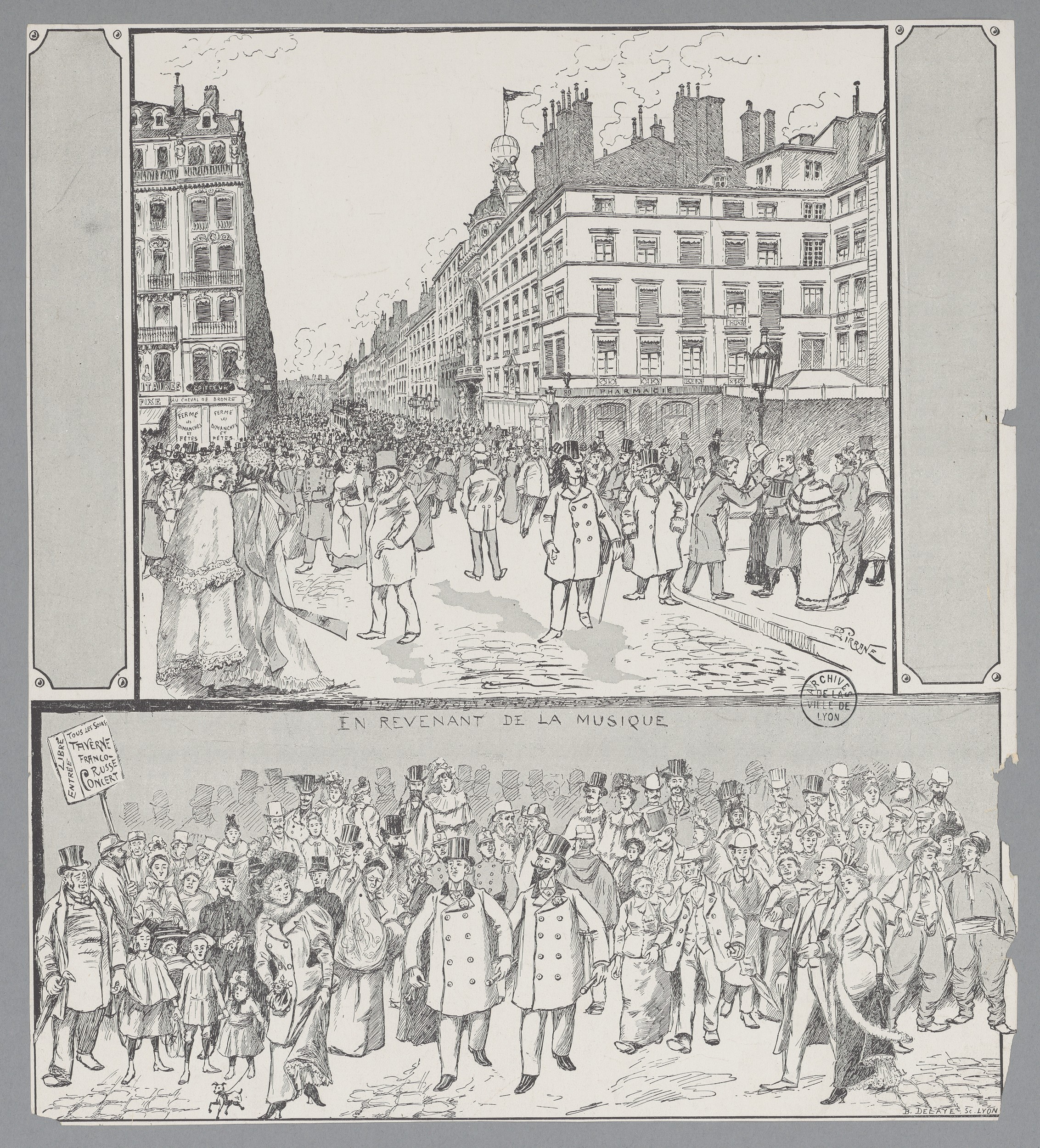 La rue de la République le dimanche, en revenant de la musique : typogravure NB par Girrane (22/01/1893, cote : 63FI/25)