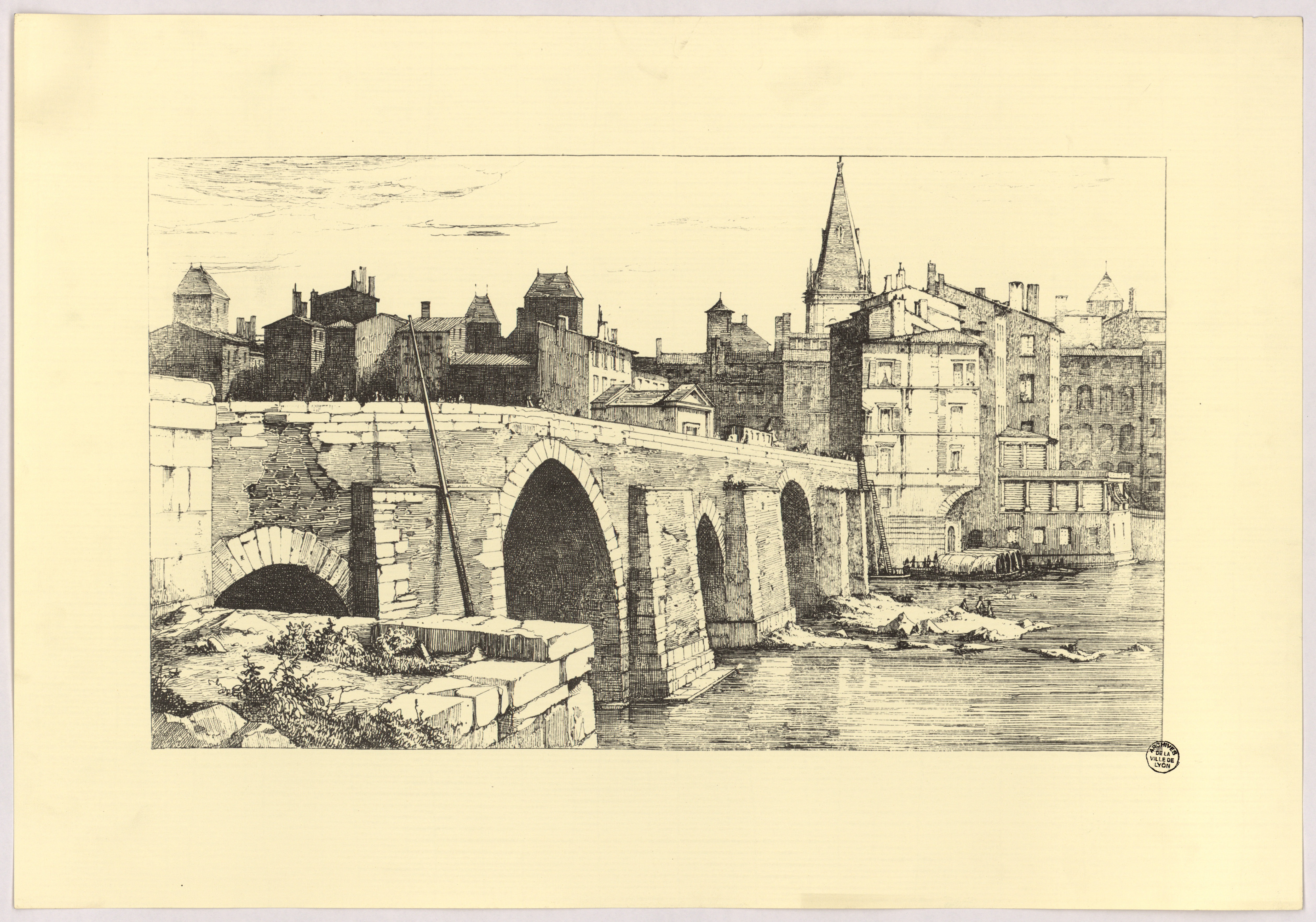 Pont de pierre et maison de Désargues depuis la rive droite de la Saône : impression NB d'après une eau-forte d'Hippolyte Lemaire (sans date, cote : 16FI/156)