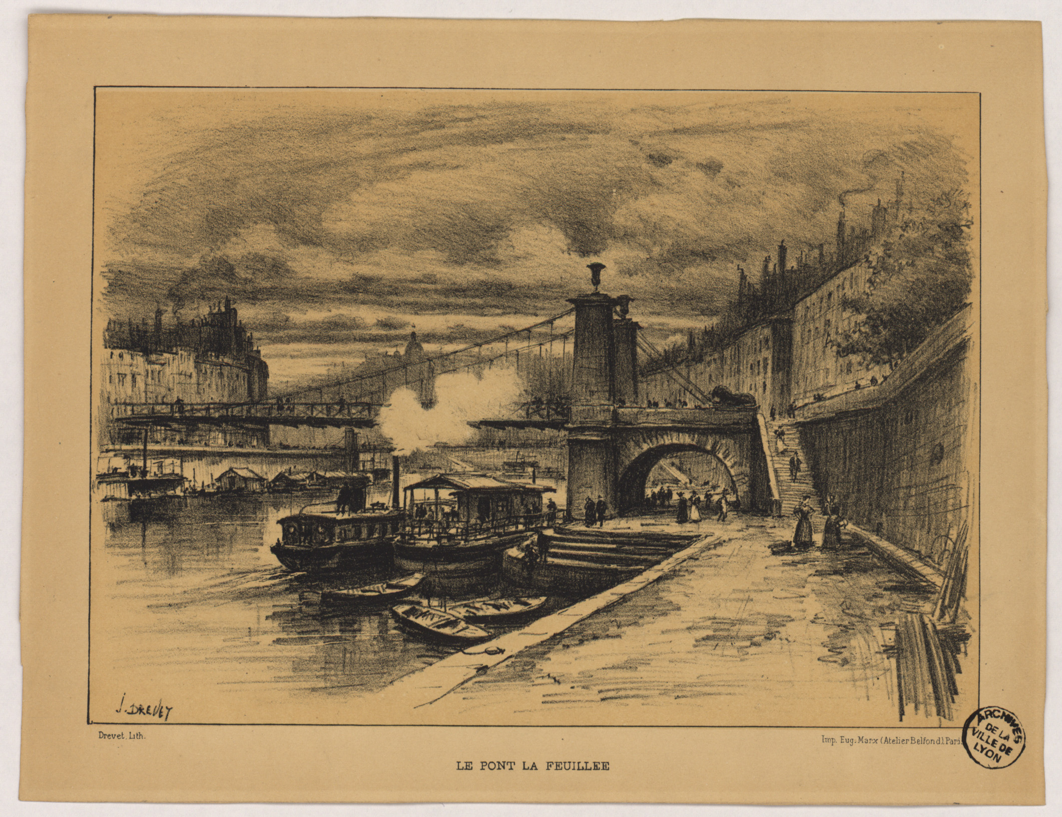 Vue de l'ancien pont La Feuillée : dessin et lithographie noir et blanc de Joannès Drevet (1910, cote : 16FI/245)