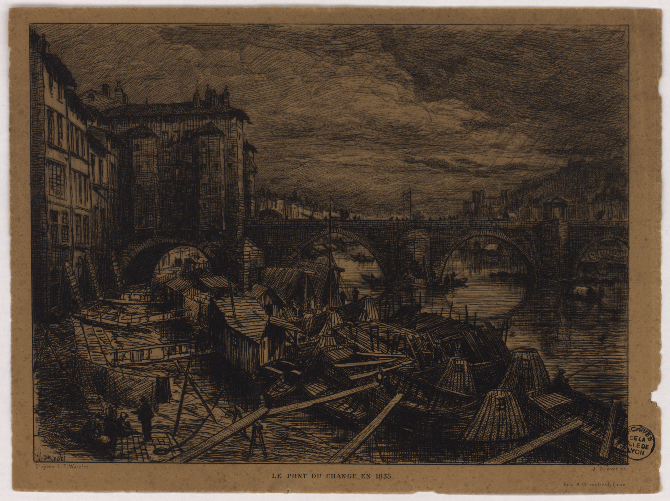 Le Pont du Change en 1835 : gravure sur bois par Joannès Drevet d'après un dessin de Watelet (XIXe siècle, cote : 16FI/276)