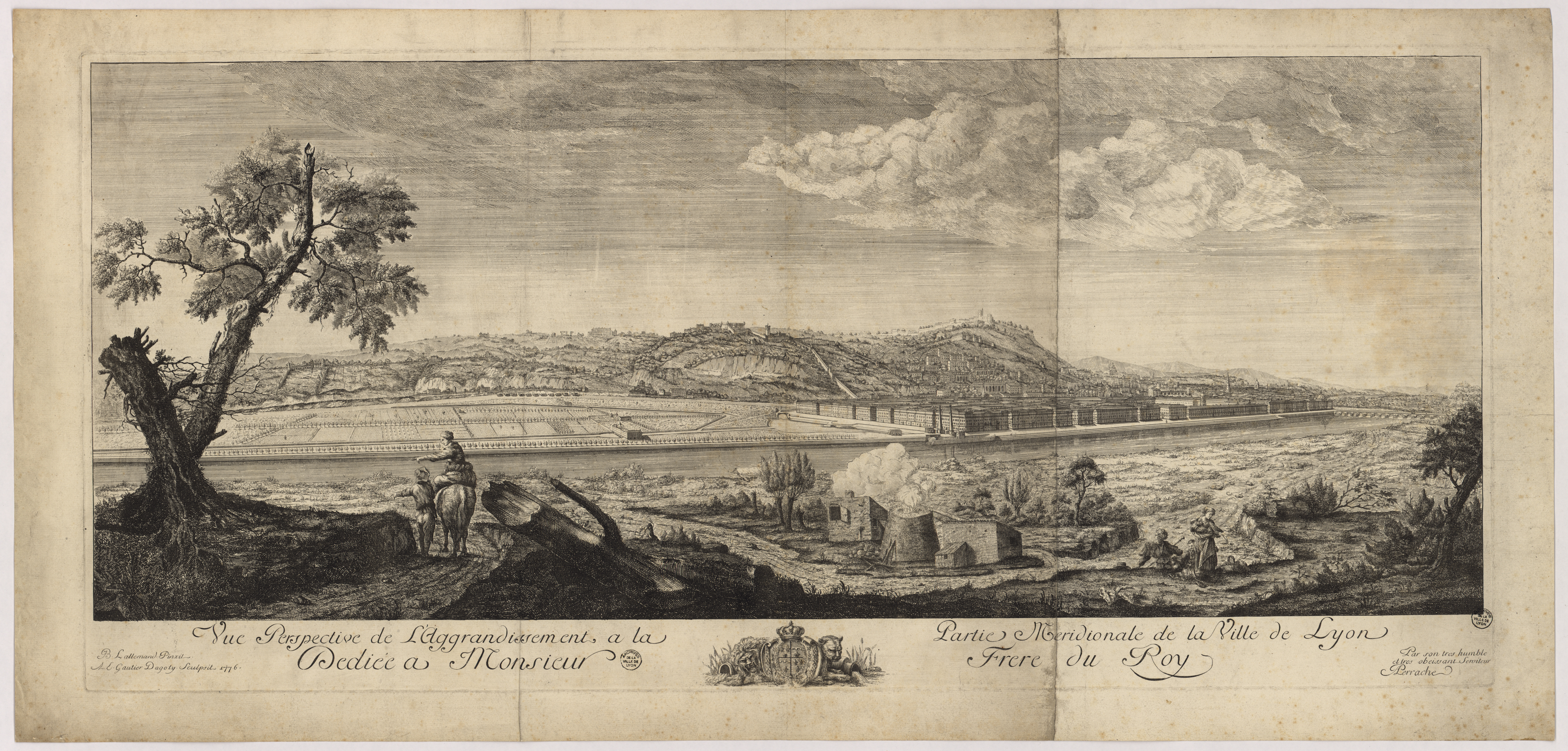 Vue perspective du projet d’agrandissement du sud de la Presqu'île par Antoine Michel Perrache : gravure par Arnaud-Éloi Gautier-Dagoty d'après un dessin de Jean-Baptiste Lallemand (1775, cote : 16FI/300)
