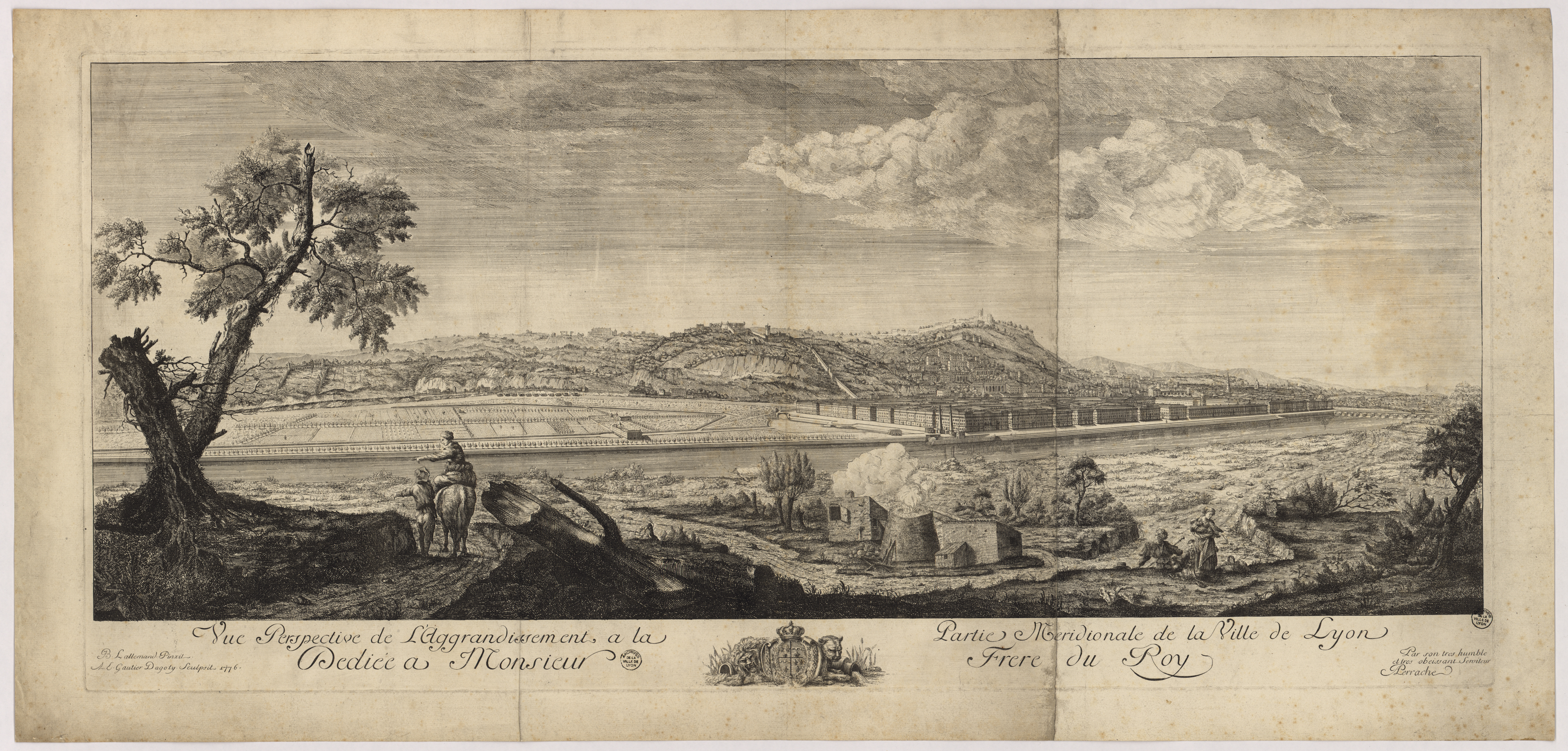 Vue perspective du projet d’agrandissement du sud de la Presqu'île par Antoine Michel Perrache : gravure par Arnaud-Éloi Gautier-Dagoty d'après un dessin de Jean-Baptiste Lallemand (1775, cote : 16FI/300)