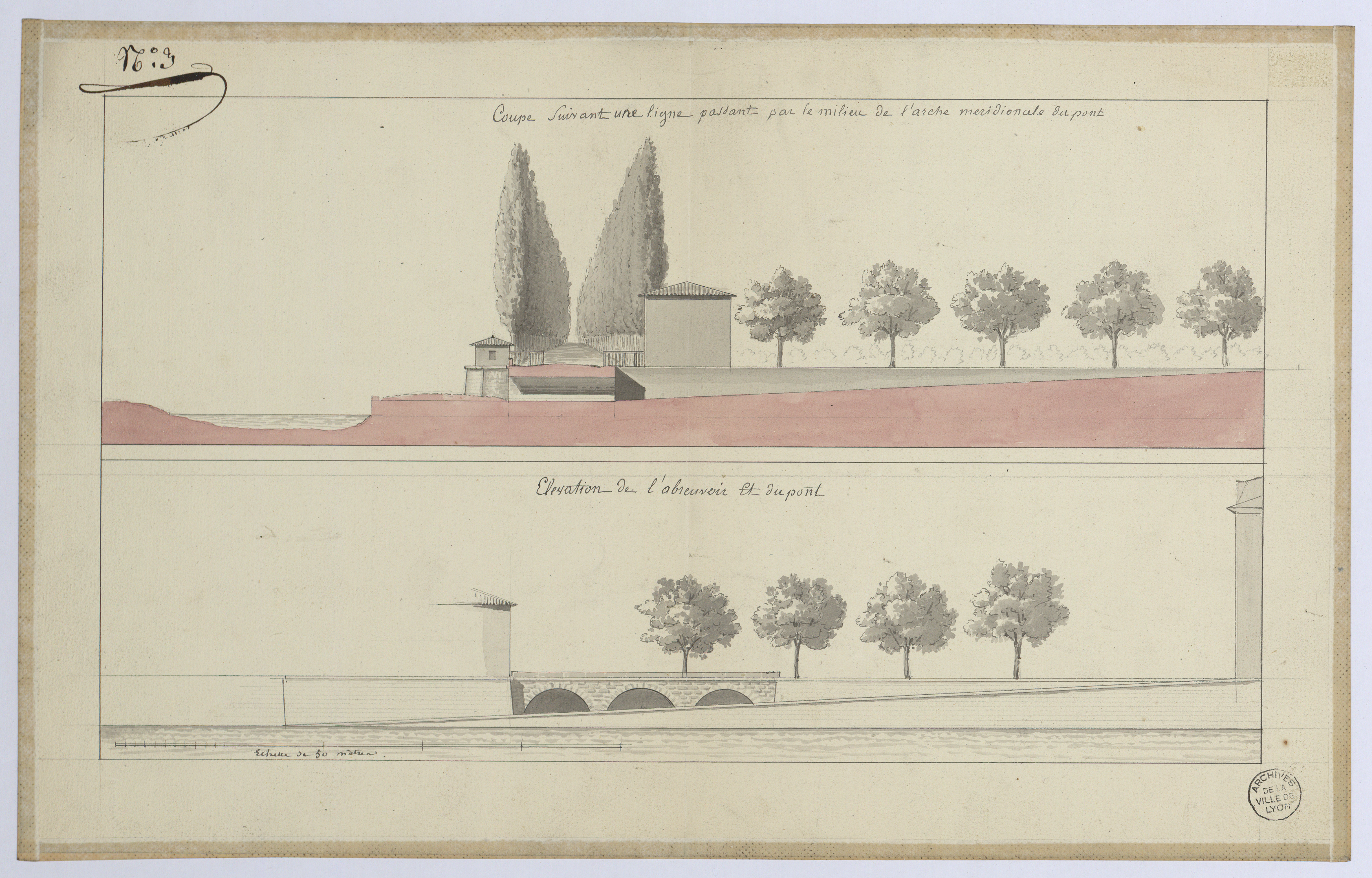 Chaussée Perrache (actuel quai Perrache), coupe et vue perspective et élévation : plan manuscrit couleur (vers 1820, cote : 3S/152)