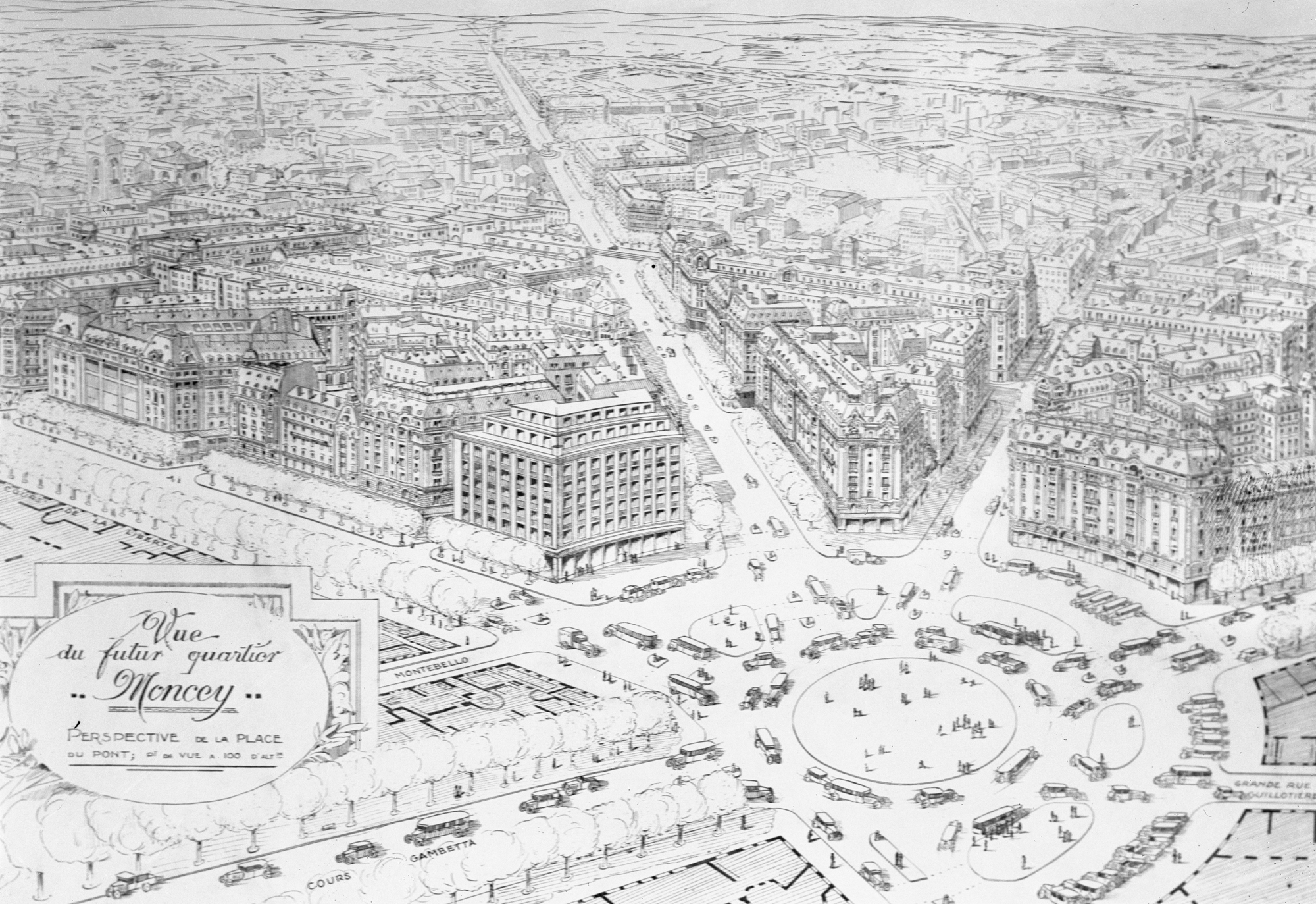 Projet du futur quartier Moncey par C. Chalumeau, perspective de la place du Pont : photographie NB sur plaque de verre (20/06/1935, cote : 15PH/1/377)