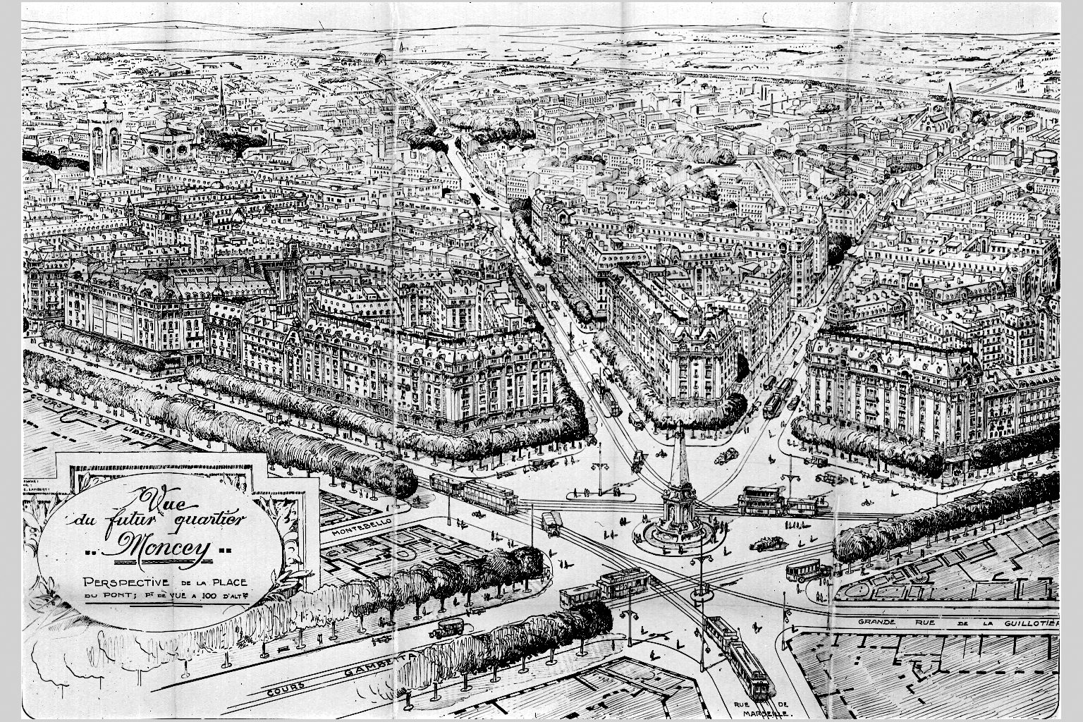 Projet du futur quartier Moncey par C. Chalumeau, perspective de la place du Pont : photographie NB sur plaque de verre (20/06/1935, cote : 15PH/1/378)