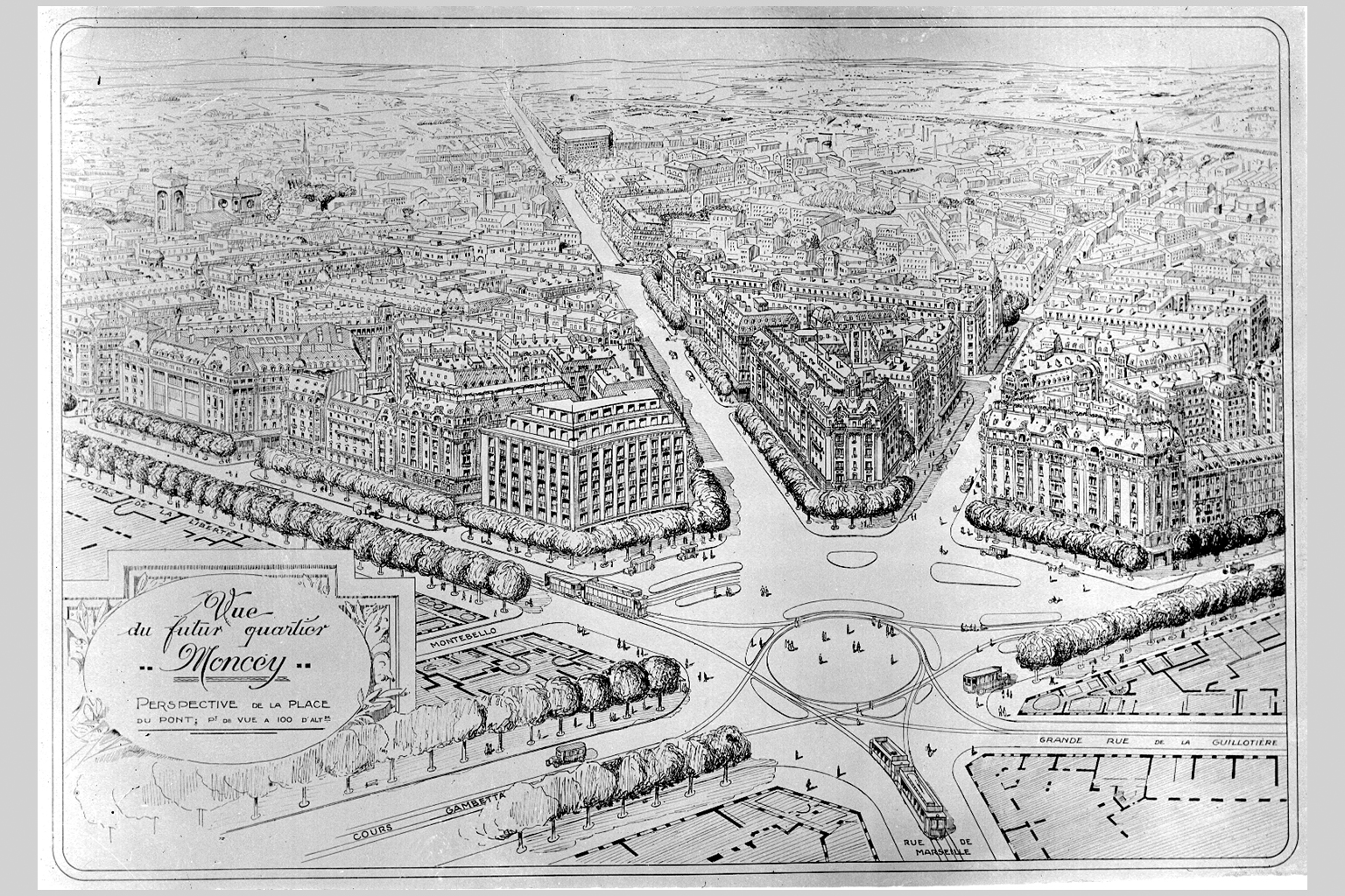 Projet du futur quartier Moncey par C. Chalumeau, perspective de la place du Pont : photographie NB sur plaque de verre (20/06/1935, cote : 15PH/1/379)