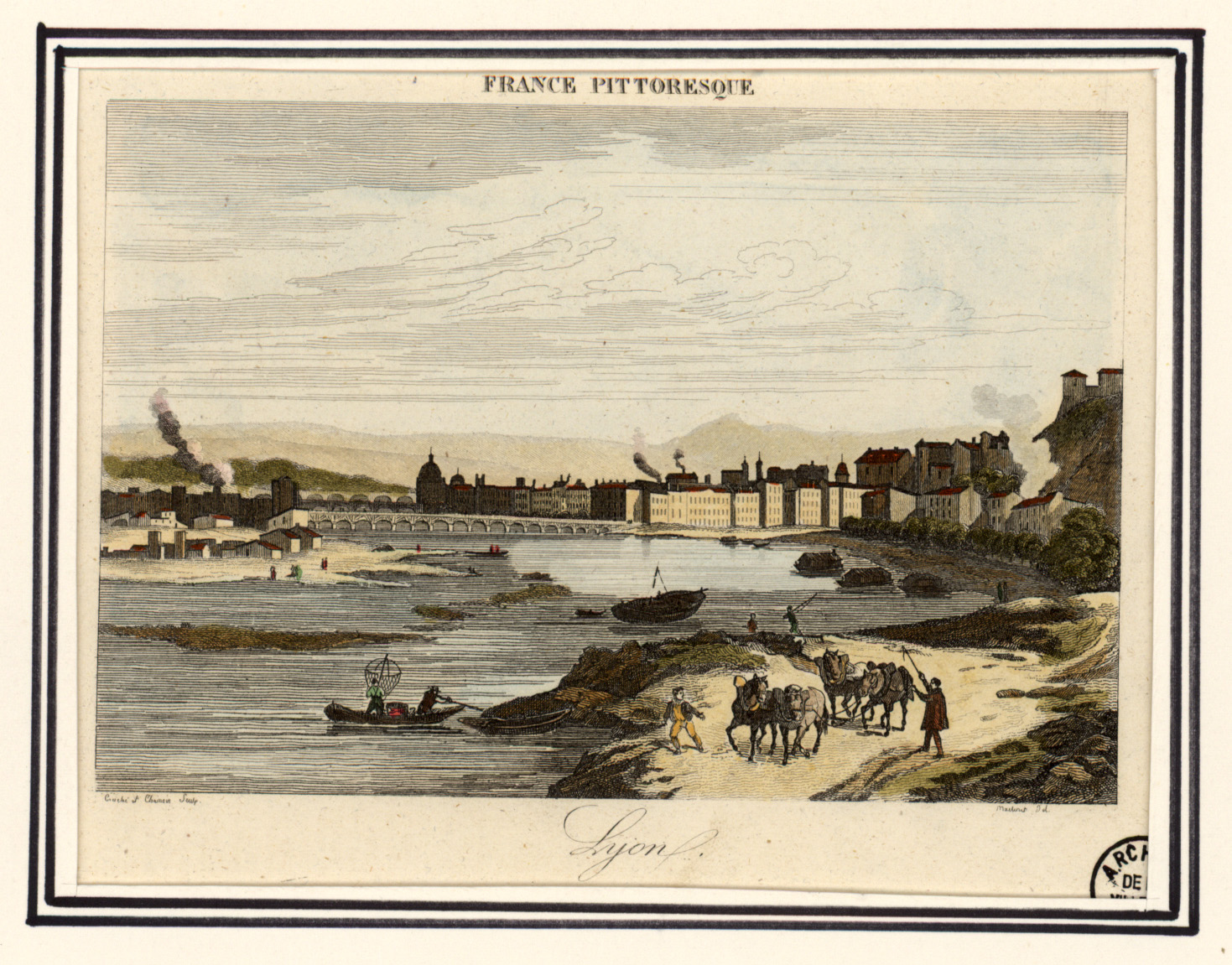 Lyon, vue du Rhône et du quai Saint-Clair depuis le quai d'Herbouville : gravure par Couché et Chamoin d'après un dessin de Martinet (1835, cote : 16FI/6)