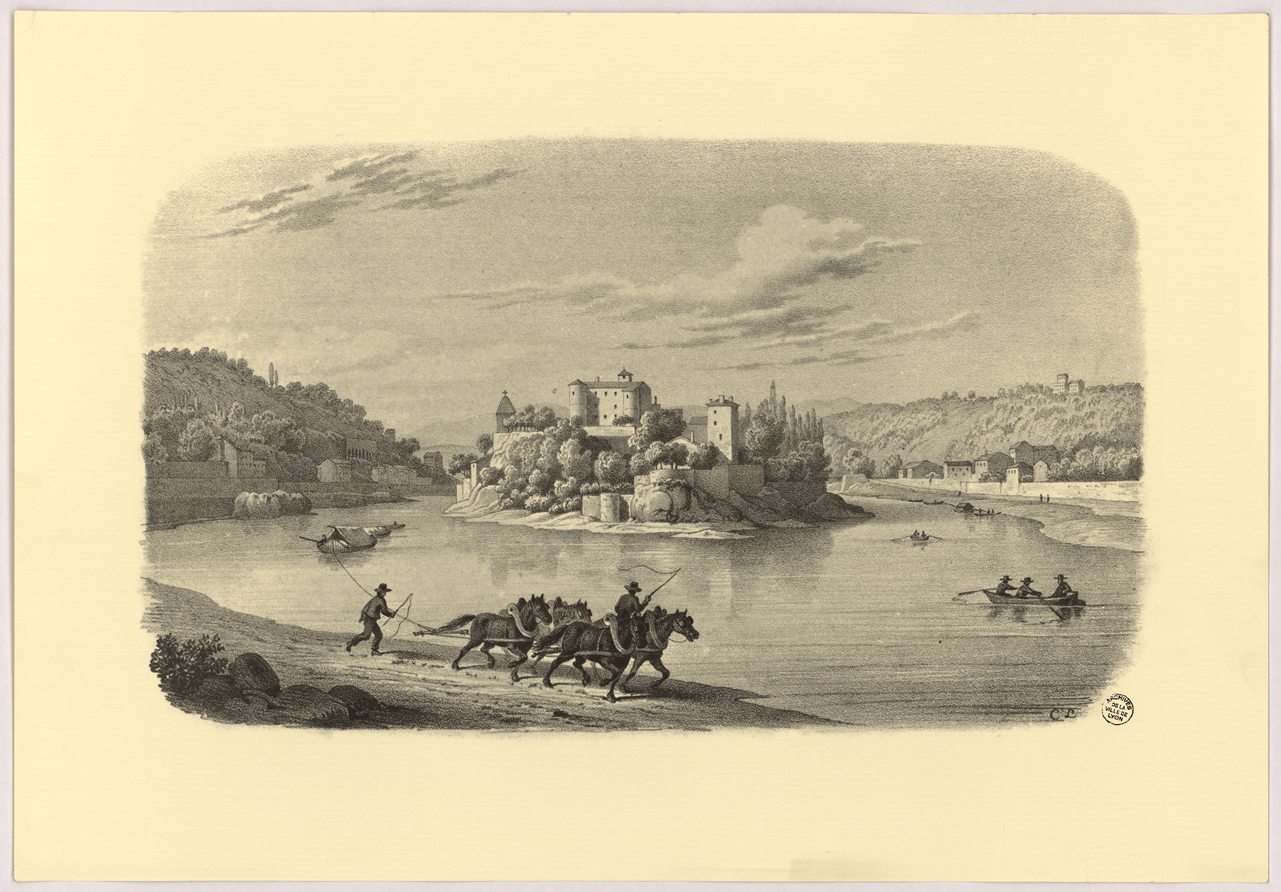 Île-Barbe et quais de Saône en amont : lithographie noir et blanc, reproduction par C.L. (sans date, cote : 16FI/157)