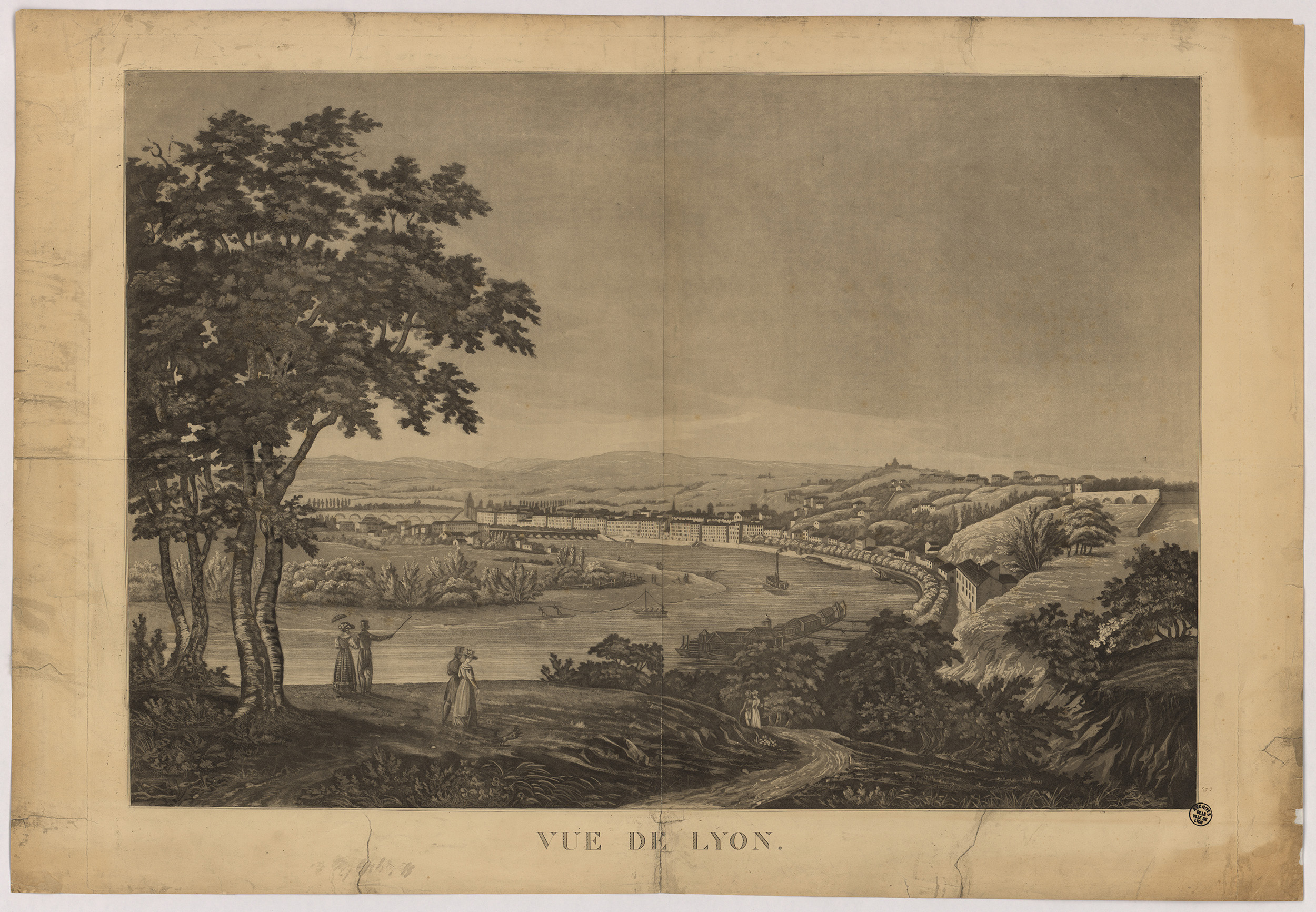 Vue du Rhône et de ses berges depuis la colline de la Croix-Rousse : estampe noir et blanc (sans date, cote : 16FI/170)