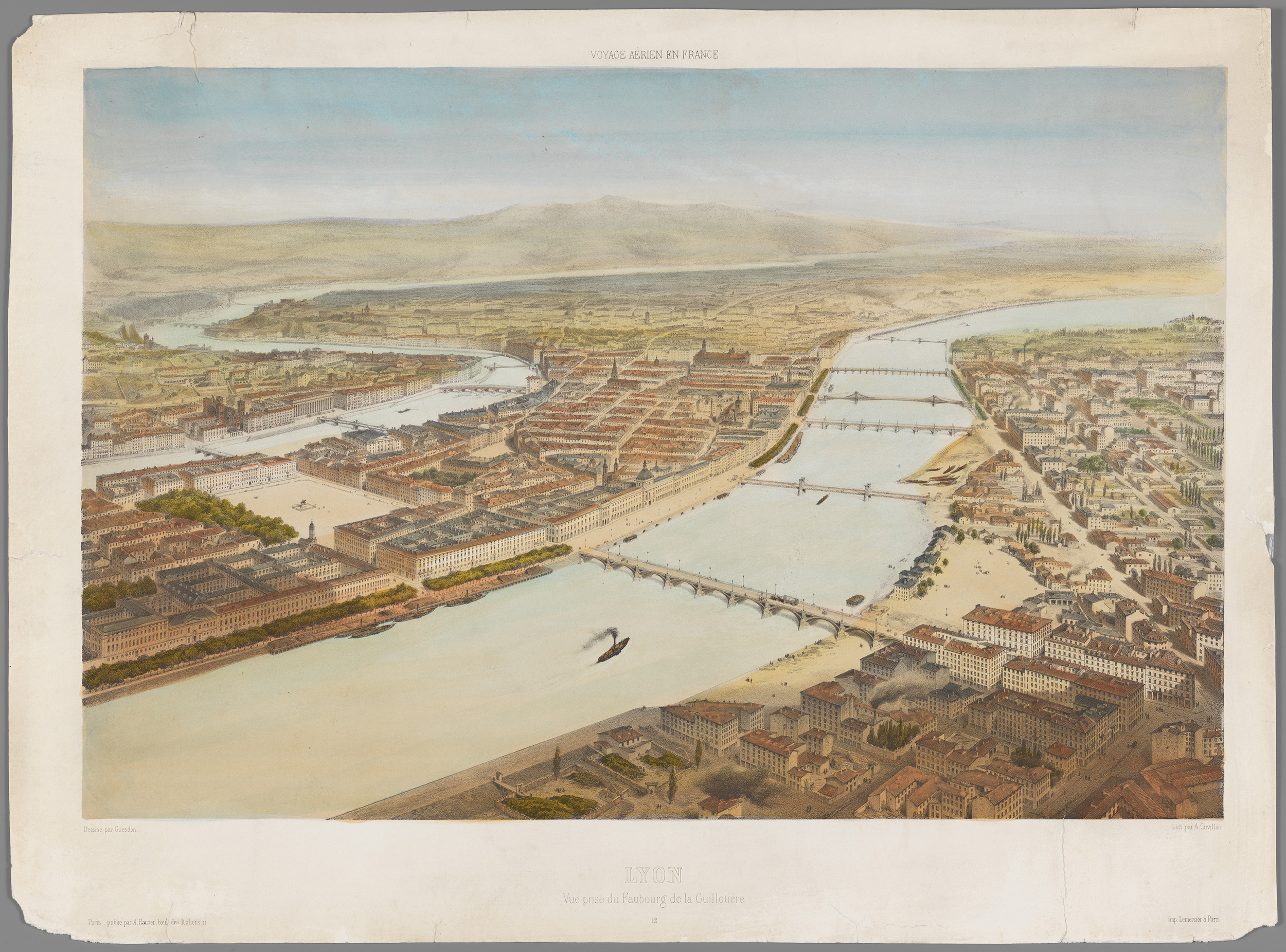 Vue prise en ballon du faubourg de la Guillotière : lithographie couleur d'A. Cuvillier d'après un dessin d'Alfred Guesdon (1850, cote : 16FI/455) 