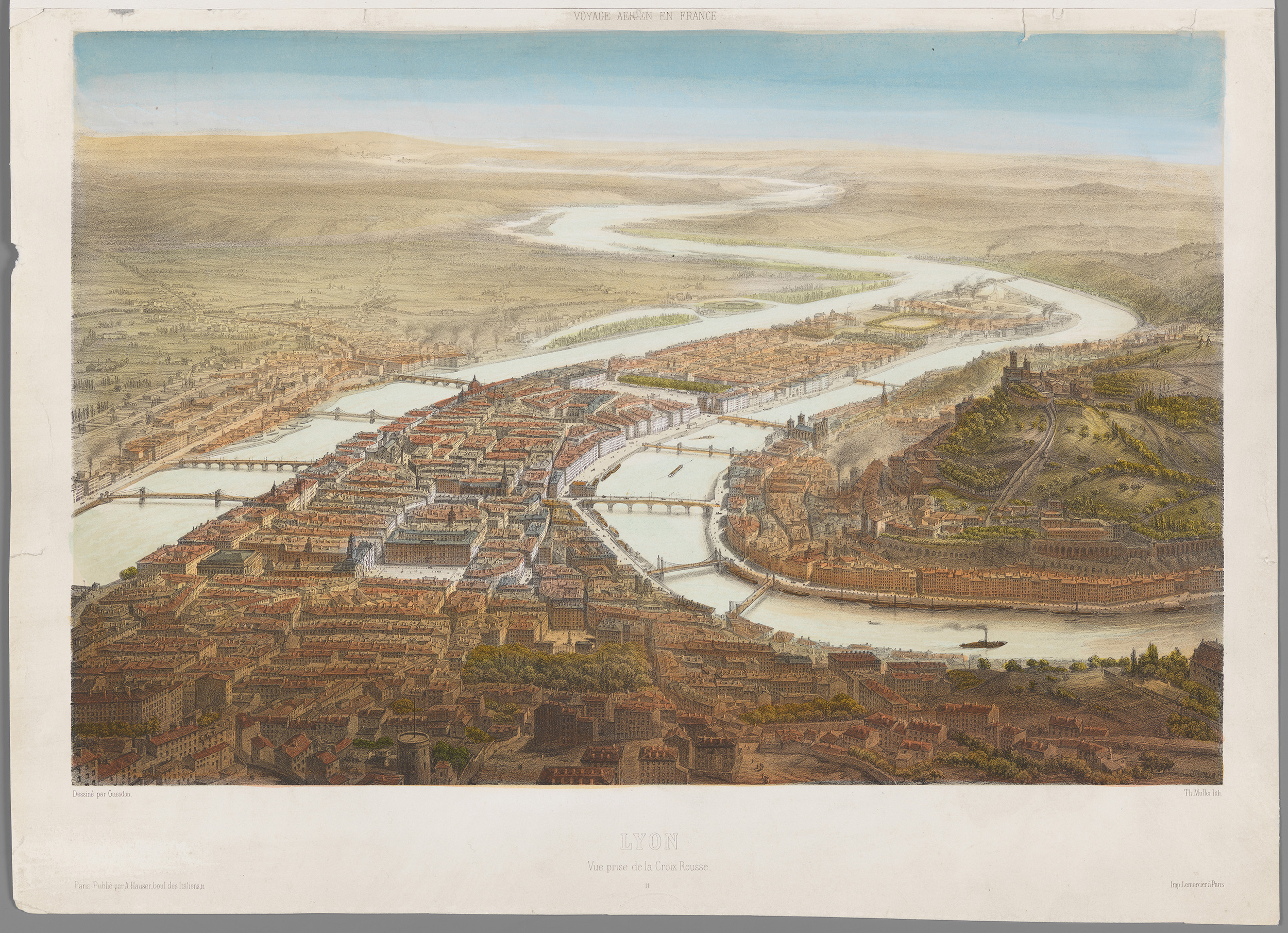 Vue prise en ballon de la Croix-Rousse : lithographie couleur d'A. Cuvillier d'après un dessin d'Alfred Guesdon (1850, cote : 16FI/456) 