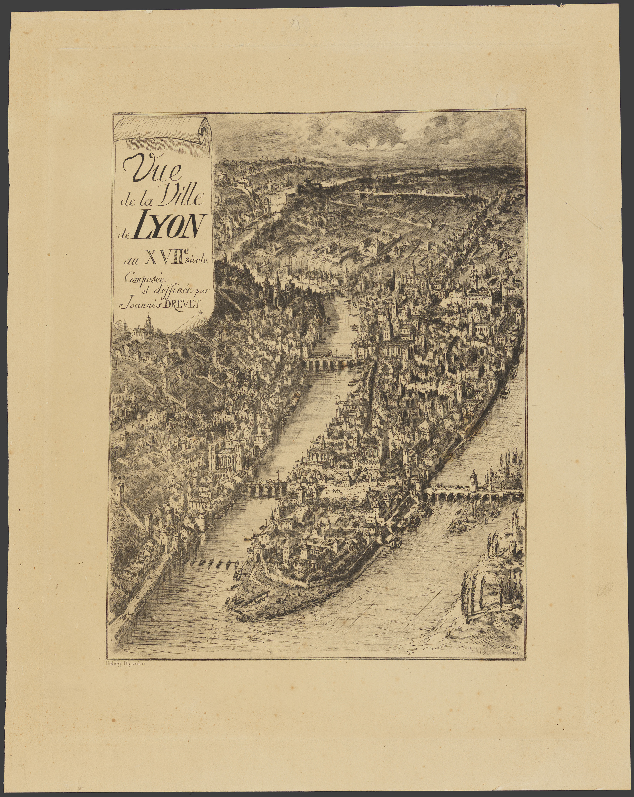 Vue de la ville de Lyon au XVIIe siècle : héliogravure noir et blanc par Dujardin d'après un dessin de Joannès Drevet (1911, cote : 16FI/457)