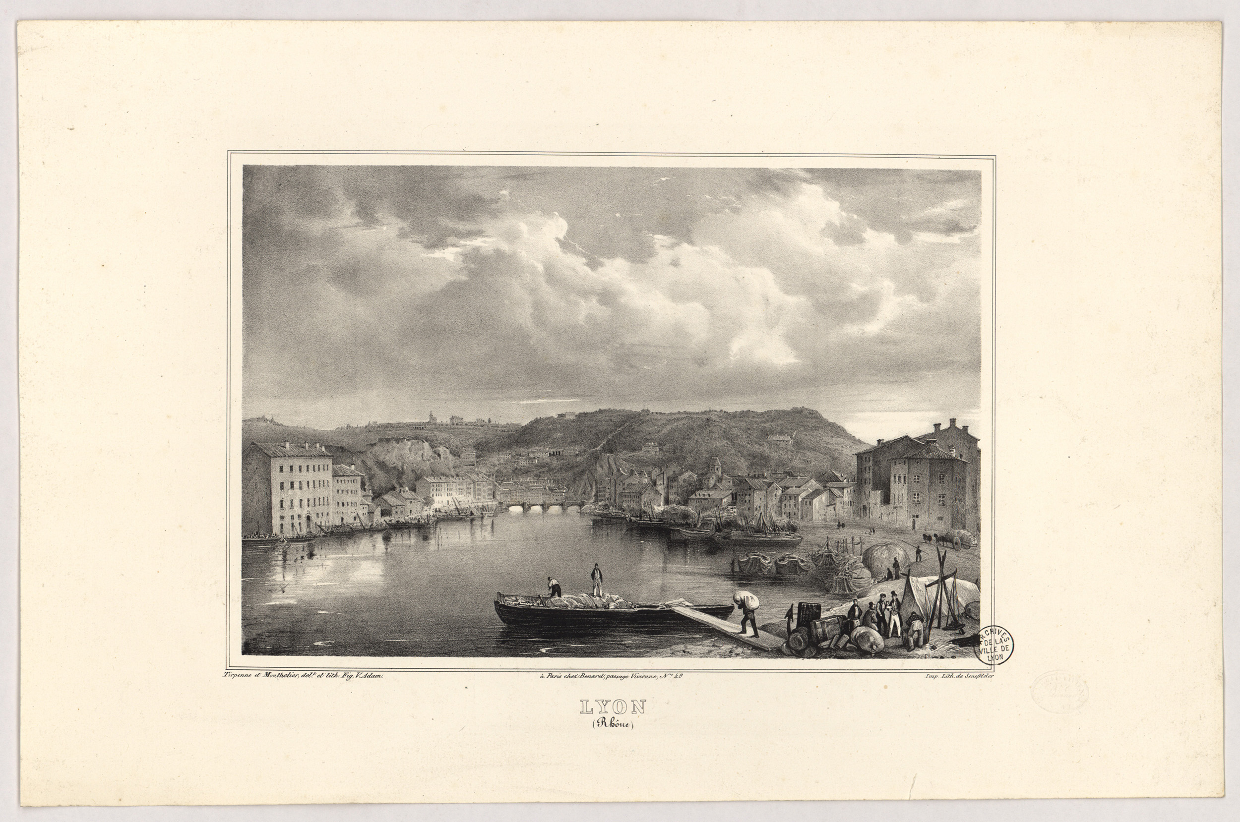 Lyon (Rhône) : dessin et lithographie noir et blanc par Tirpenne et Monthelier avec des figures de Victor Adam (XIXe siècle, cote : 16FI/557)