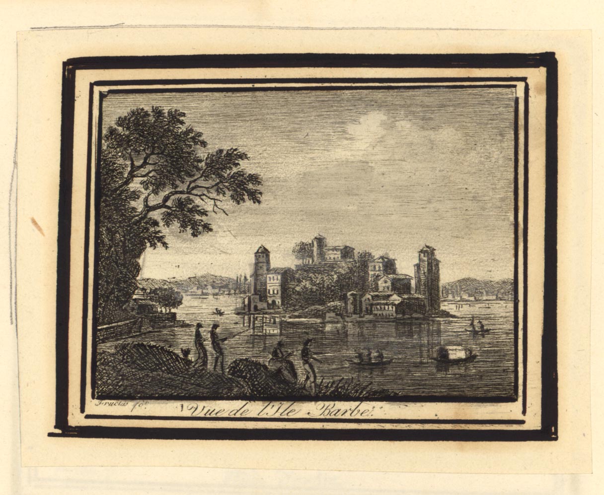 Vue de l'Ile-Barbe : gravure à la pointe sèche par Joseph Fructus-Rey (1820, cote : 17FI/54)