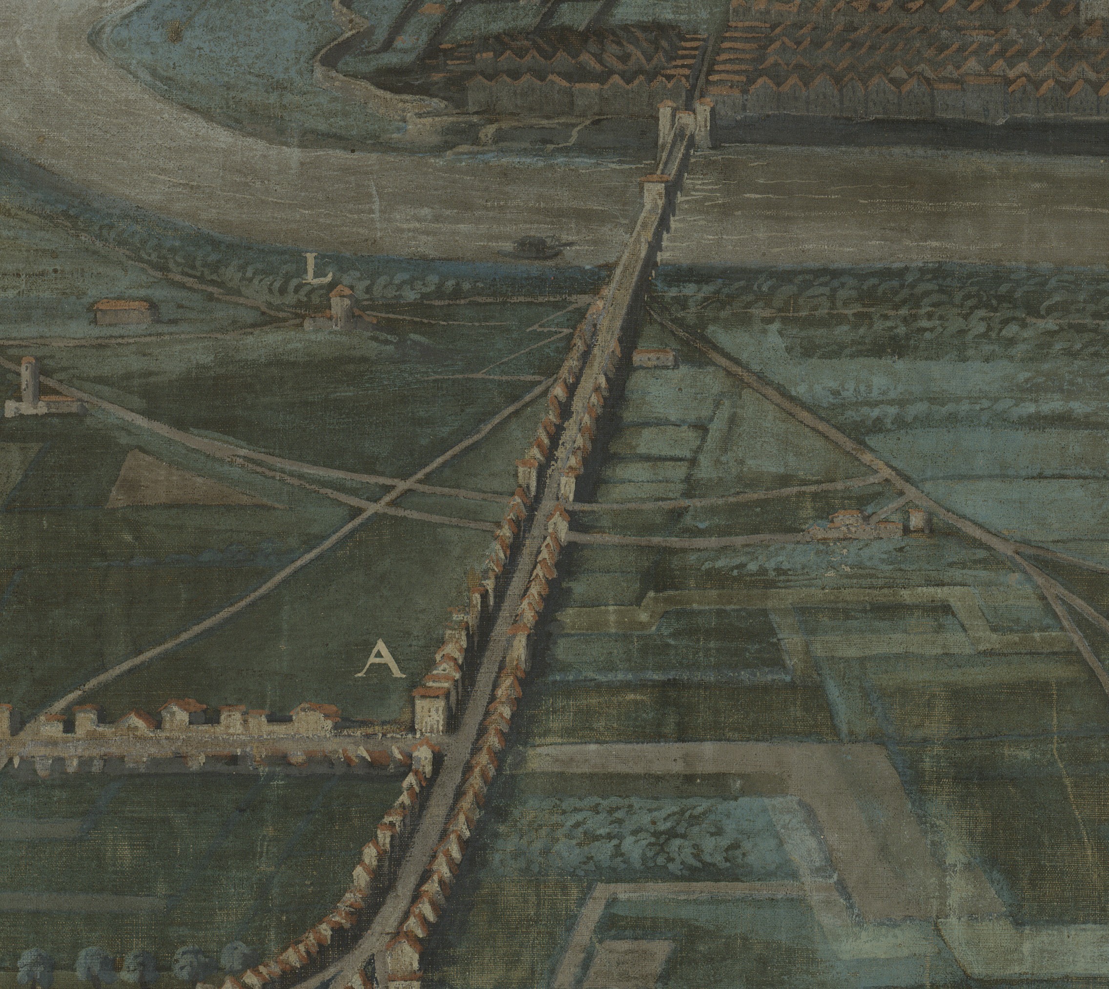 Vue cavalière du faubourg de la Guillotière par Henri Verdier : plan manuscrit couleur (1697, cote : 1S/76, détail)