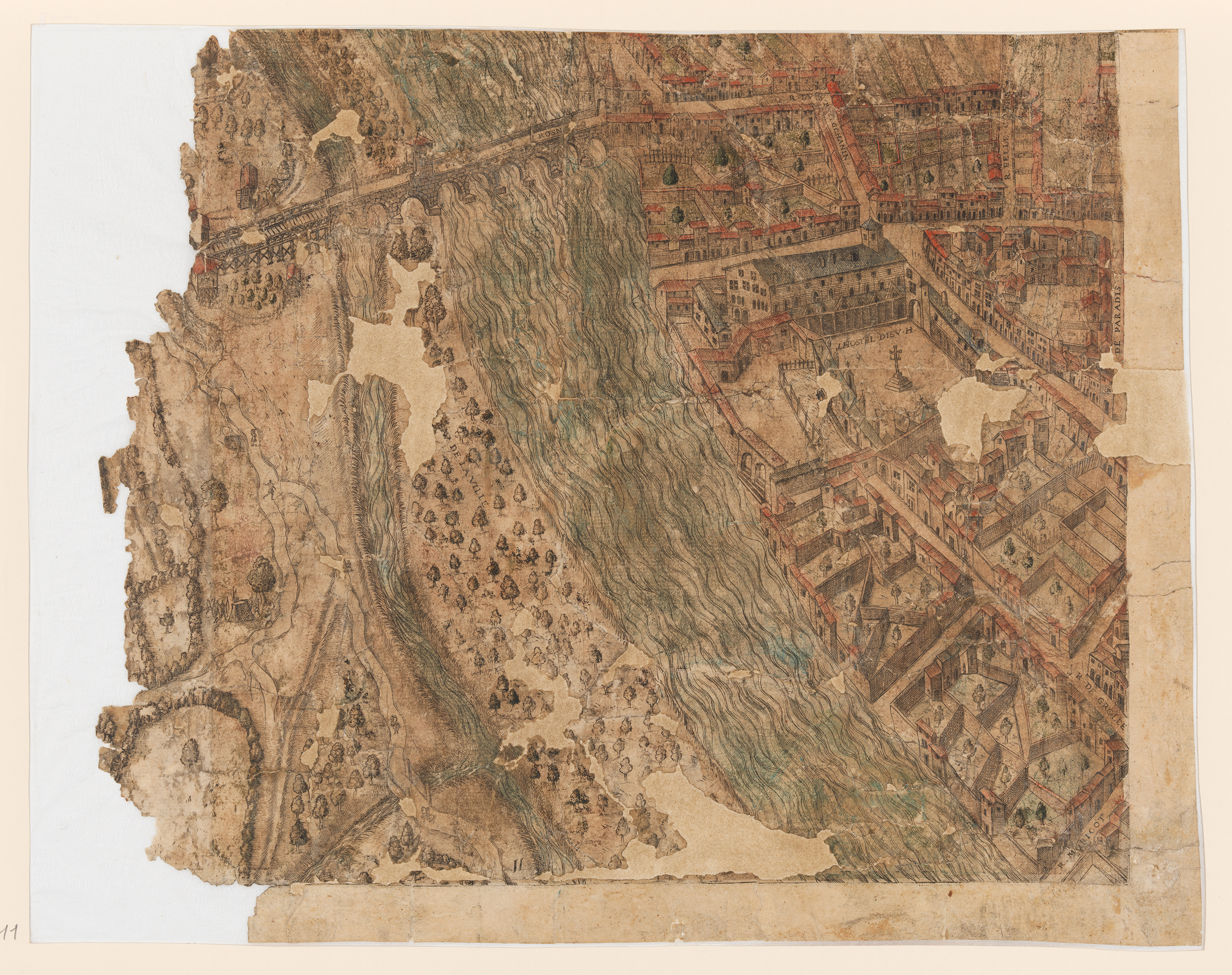Plan scénographique de Lyon, pont de la Guillotière et Hôtel-Dieu : gravure réhaussée à la gouache (vers 1550, cote 2SAT/3, pl. 11)