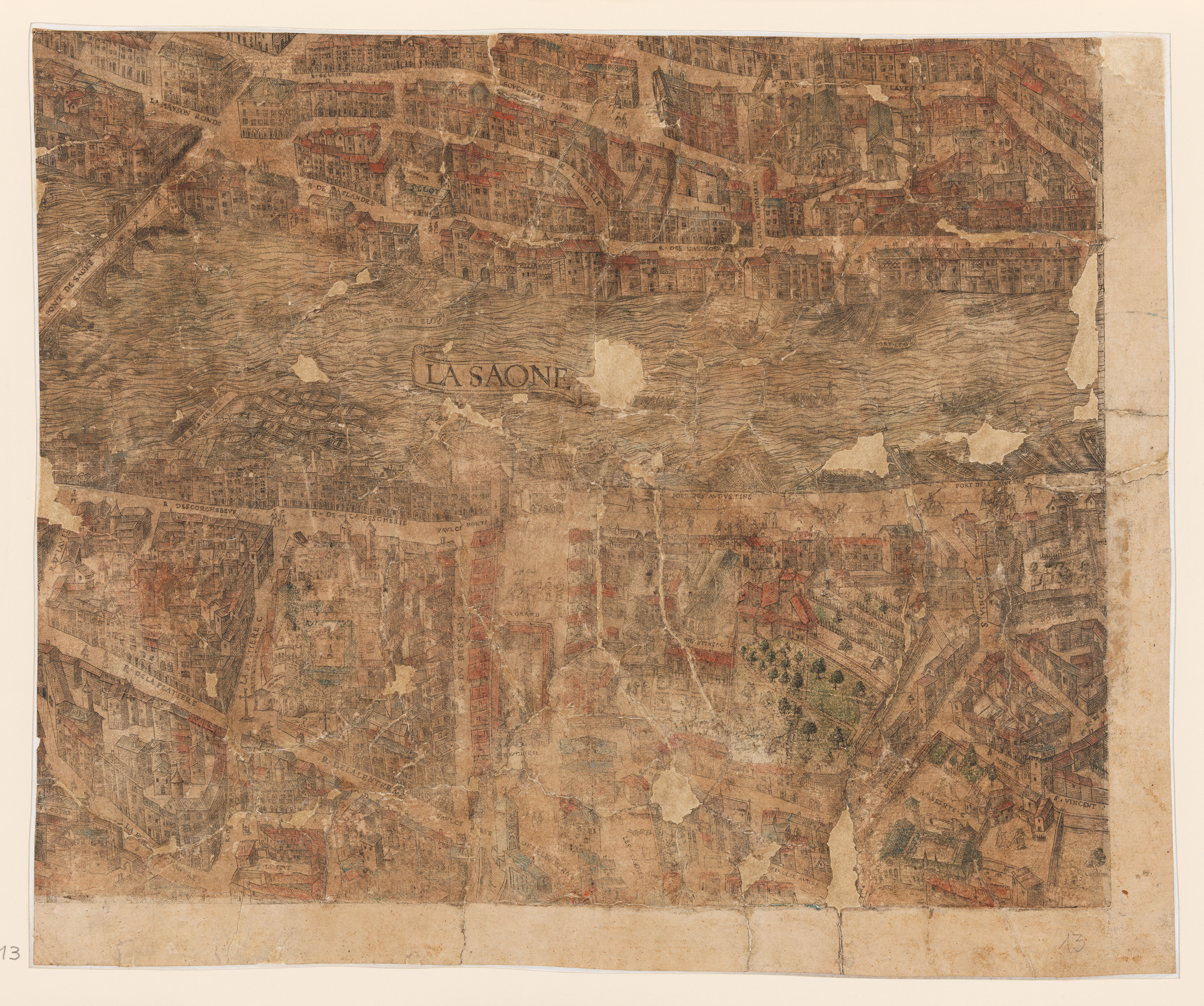 Plan scénographique de Lyon, ports Saint-Éloi et Saint-Paul sur la Saône : gravure réhaussée à la gouache (vers 1550, cote 2SAT/3, pl. 13)