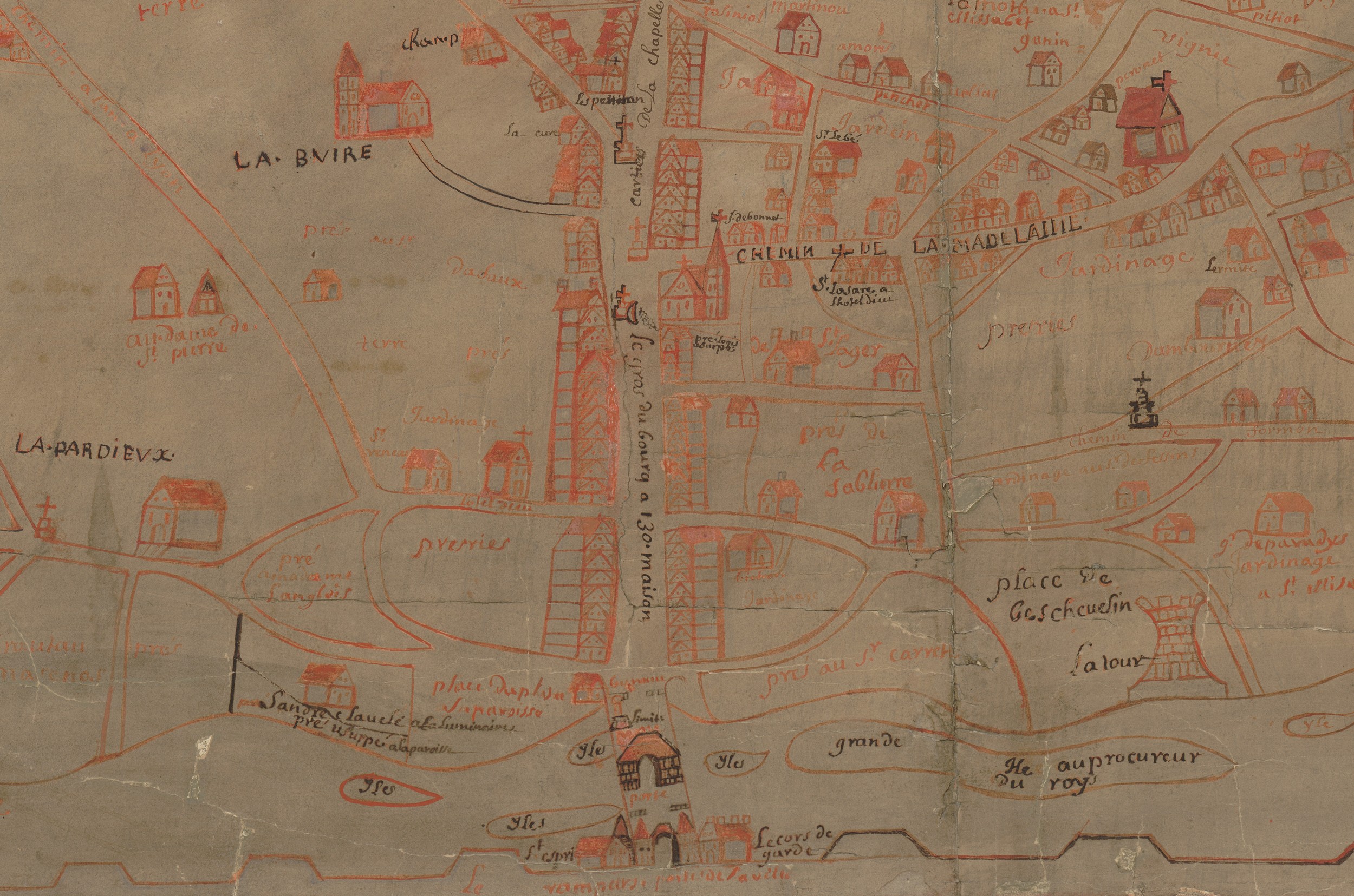 Carte générale du mandement de Béchevelin avec le quartier de la Guillotière : dessin en couleur (1675-1700, cote : 2S/4, détail)