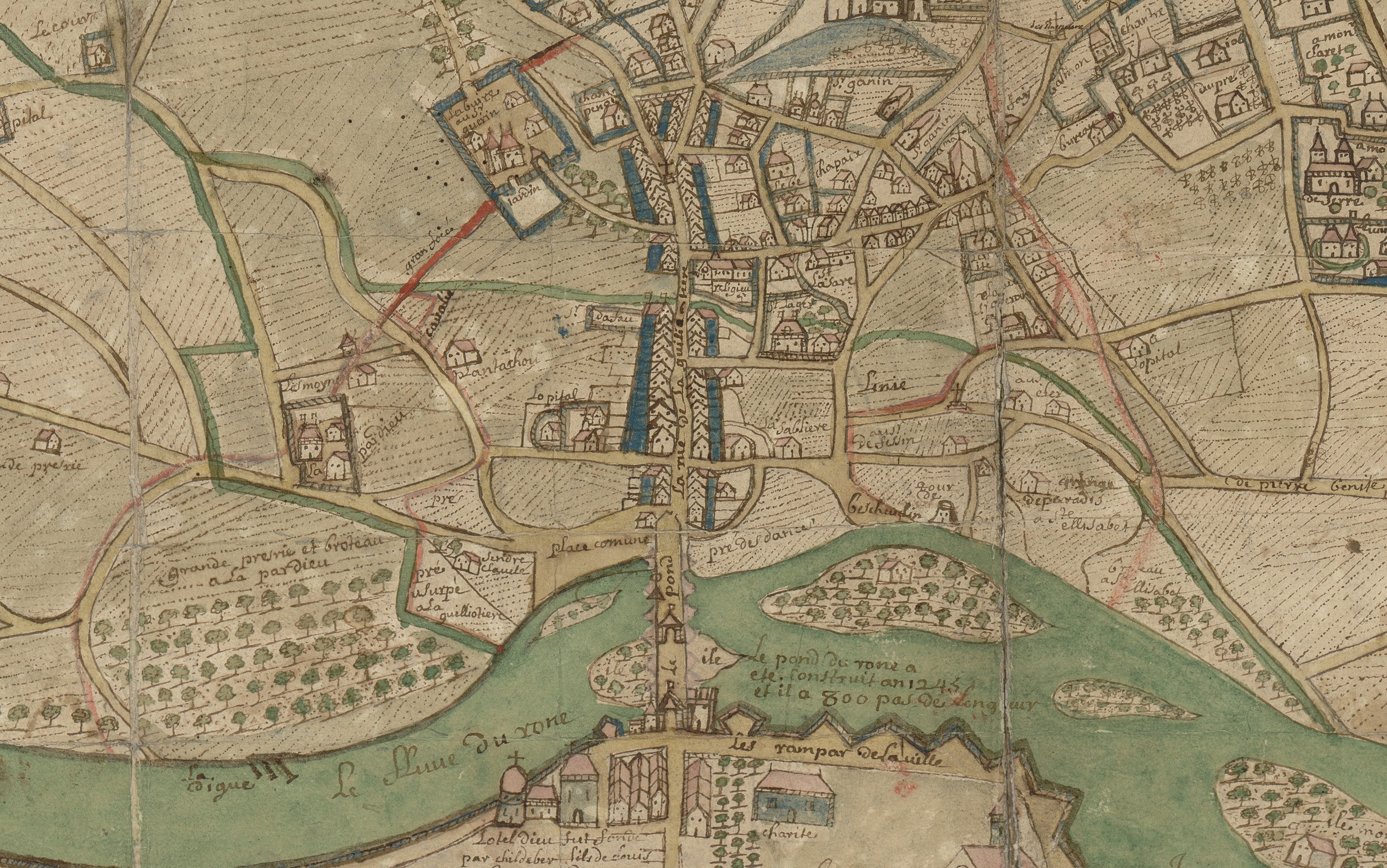 Plan général du bourg de la Guillotière, mandement de Béchevelin en Dauphiné : plan manuscrit couleur (1710, cote : 2S/13, détail)