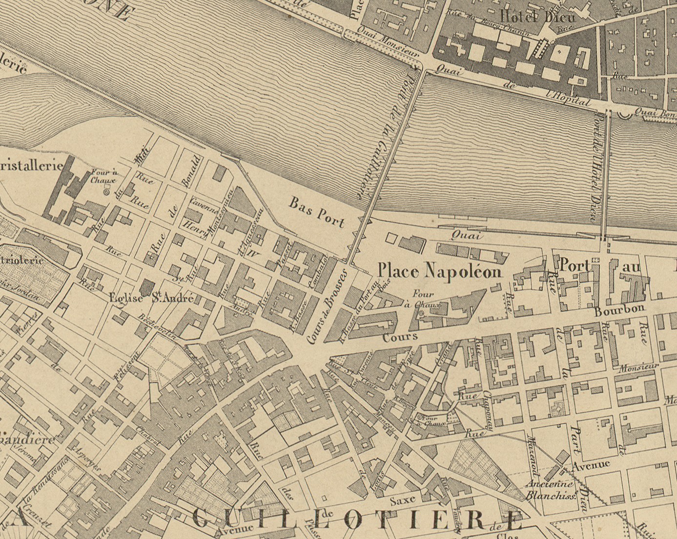 Plan topographique de la Ville de Lyon et ses environs : estampe NB par Dignoscyo et Rembielinski (1847, cote : 2S/574, détail)