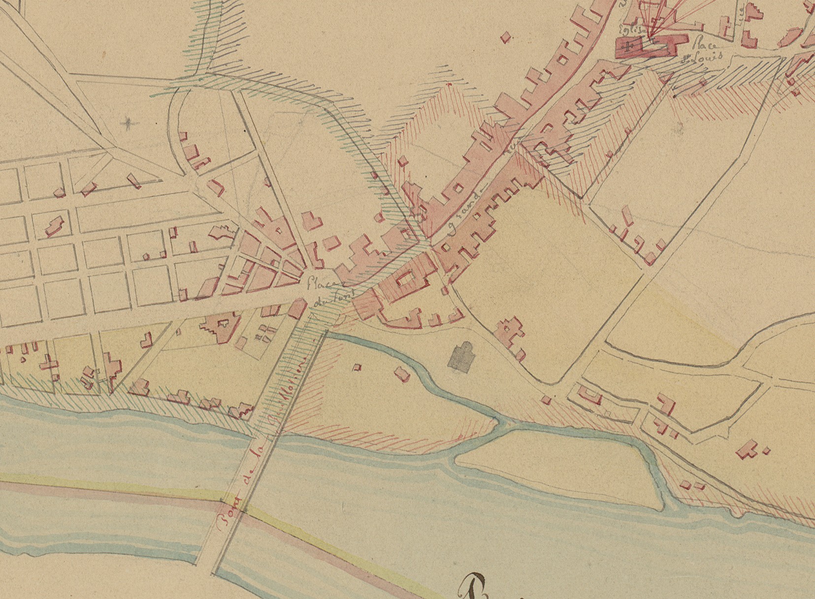 Ville de la Guillotière, extrait du plan cadastral : plan manuscrit couleur (1843, cote : 2S/652, détail)