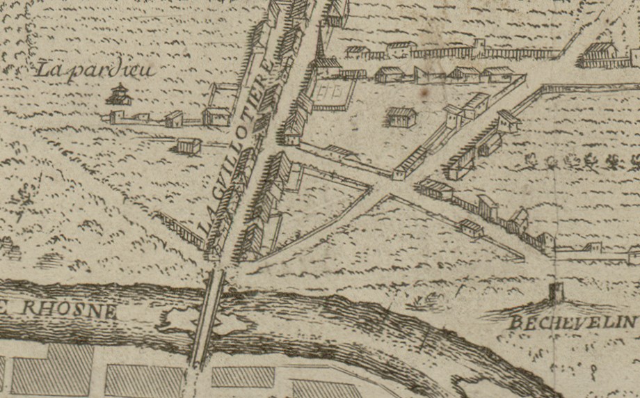 Carte de la Guillotière et du mandement de Béchevelin : estampe NB (1702, cote : 3S/51, détail)