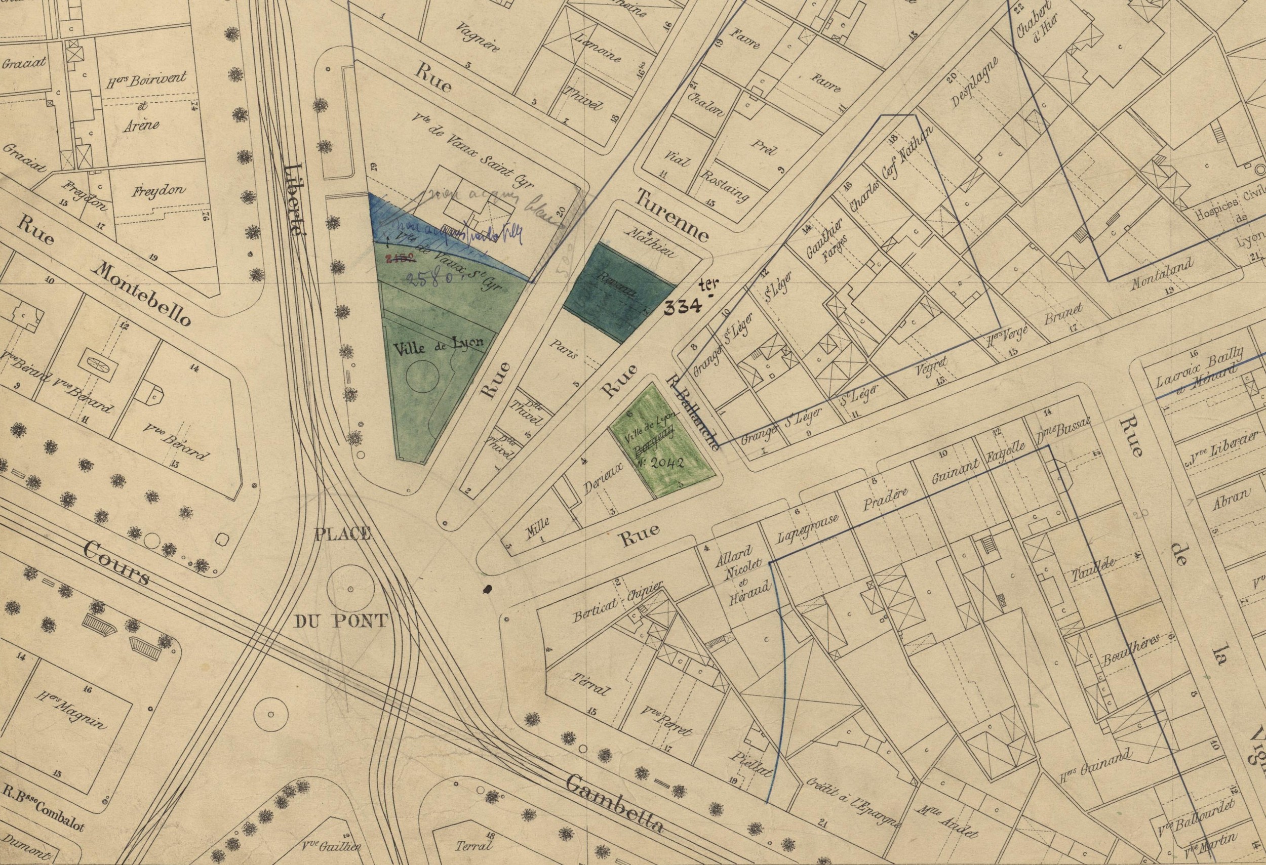 Plan parcellaire au 1:500e, secteur 201 : plan imprimé NB et couleur (1913, cote : 4S/201/3, détail)