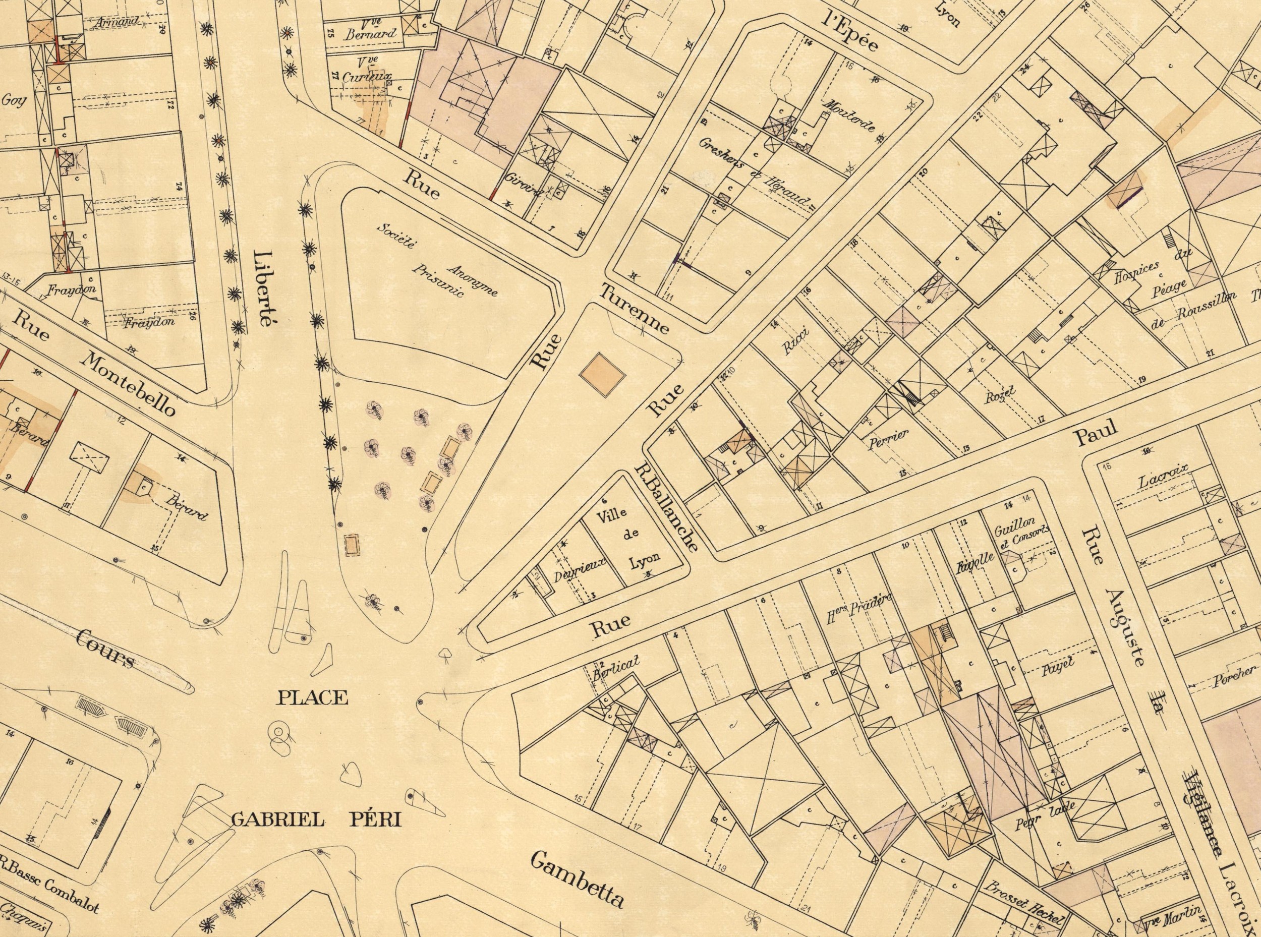 Plan parcellaire au 1:500e, secteur 201 : plan imprimé NB et couleur (1962-1980, cote : 4S/201/6, détail)