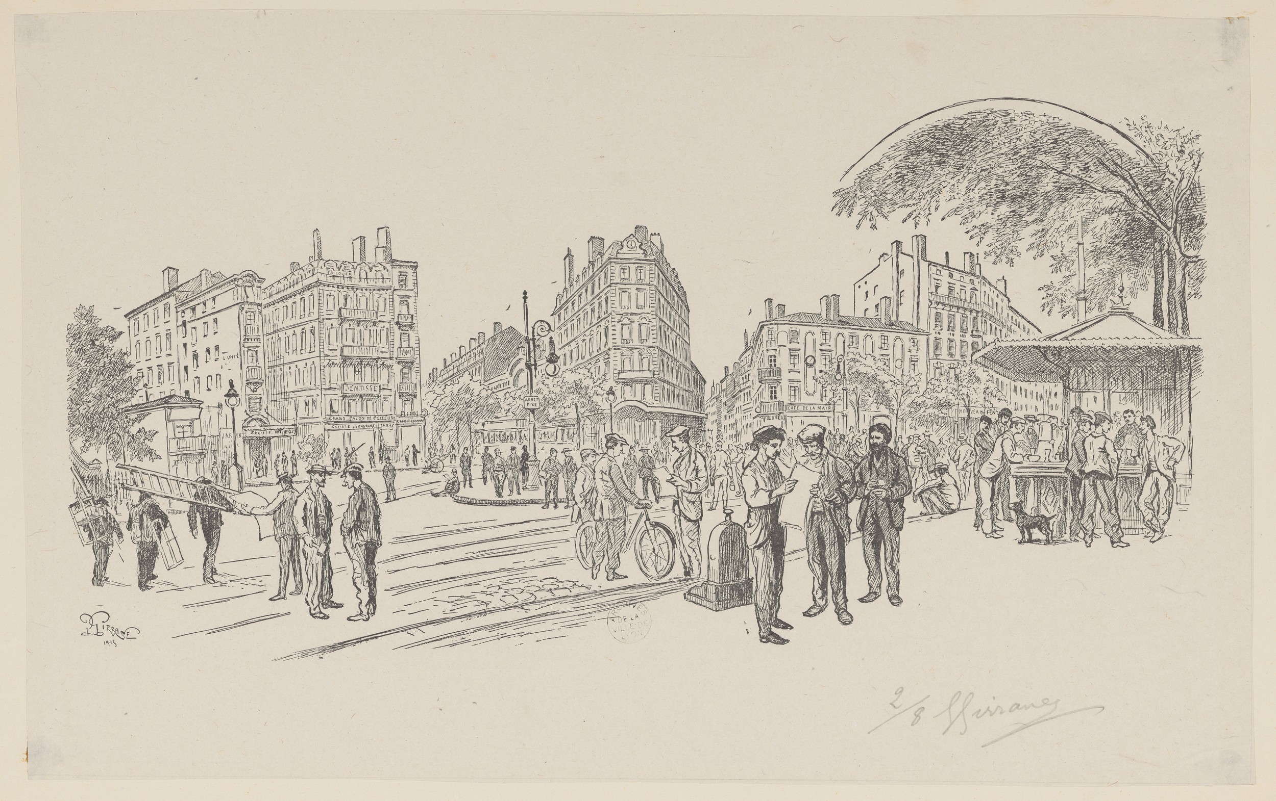 Place du Pont : estampe NB et crayon noir par Girrane (1913, cote : 63FI/212)