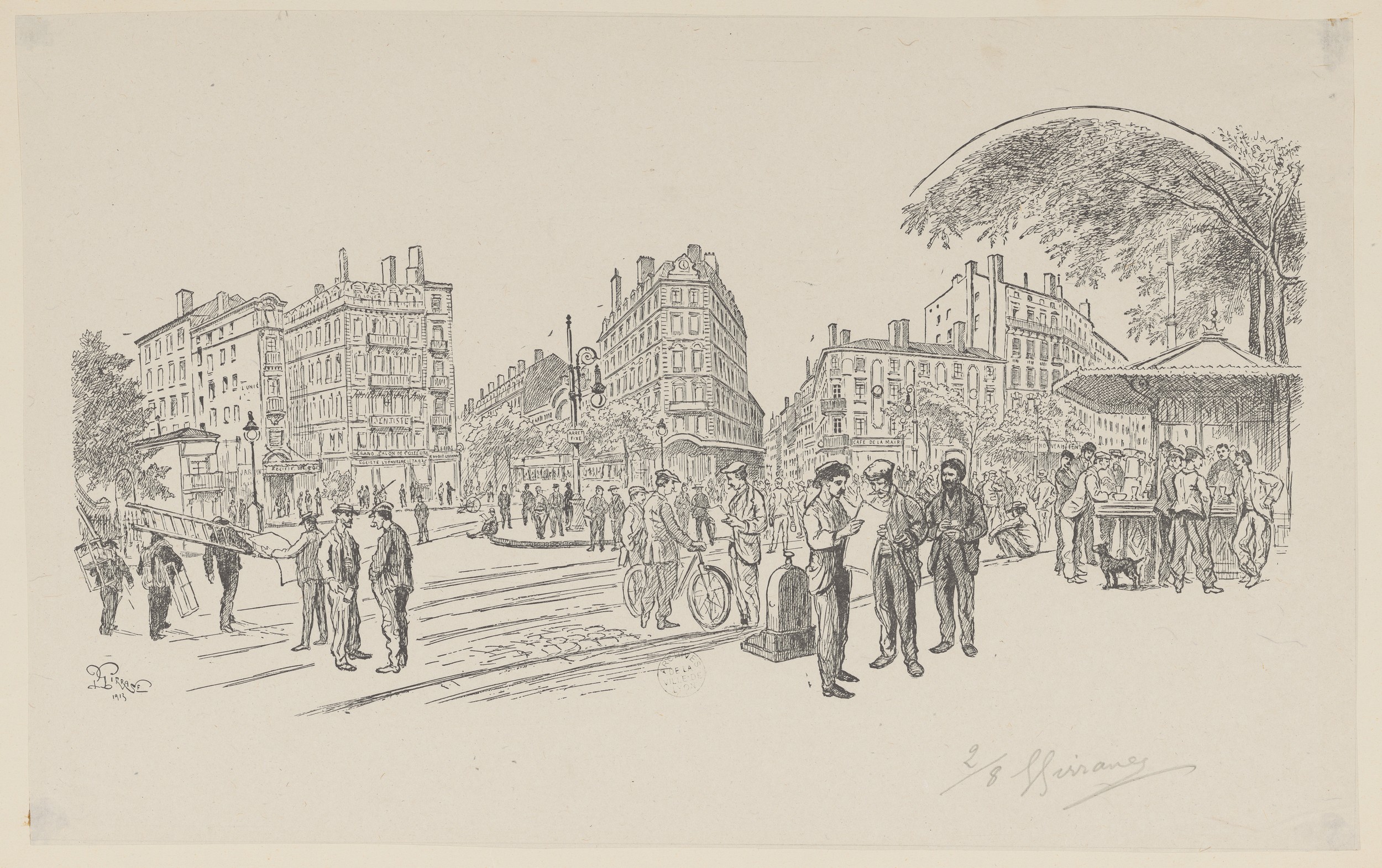 Place du Pont : estampe NB et crayon noir par Girrane (1913, cote : 63FI/212)