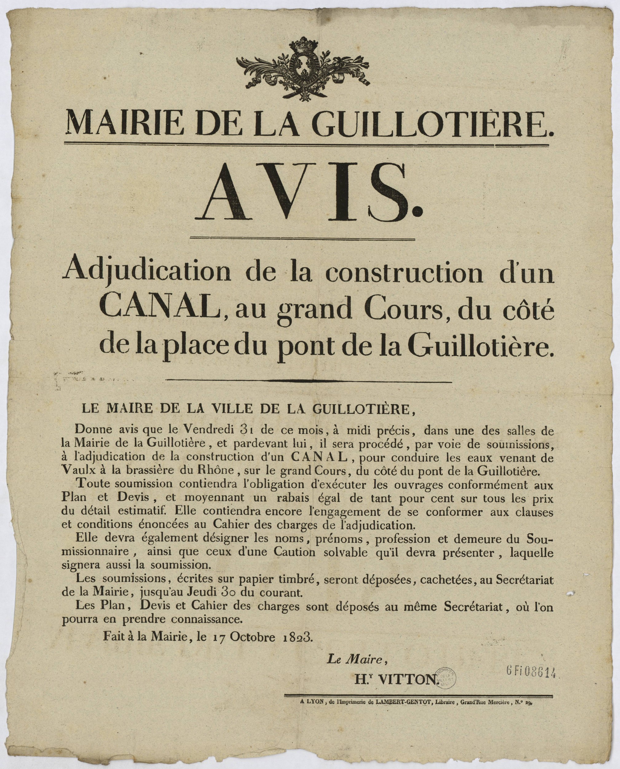 Adjudication de la construction d'un canal, (...) du côté de la place du pont de la Guillotière : affiche administrative (17/10/1823, cote : 6FI/8614)