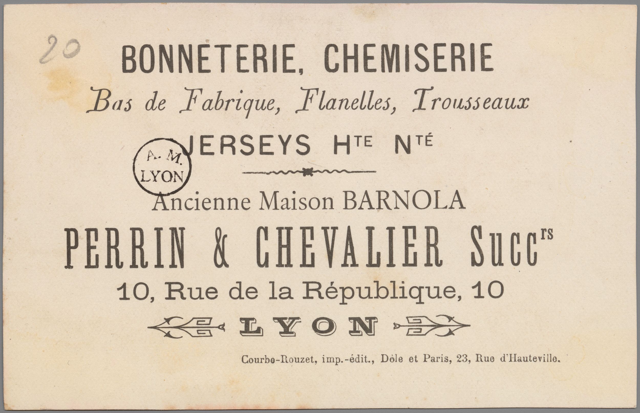 Perrin & Chevalier - Bonneterie, chemiserie : chromolithographie publicitaire NB (fin XIXe, cote : 10FI/19)